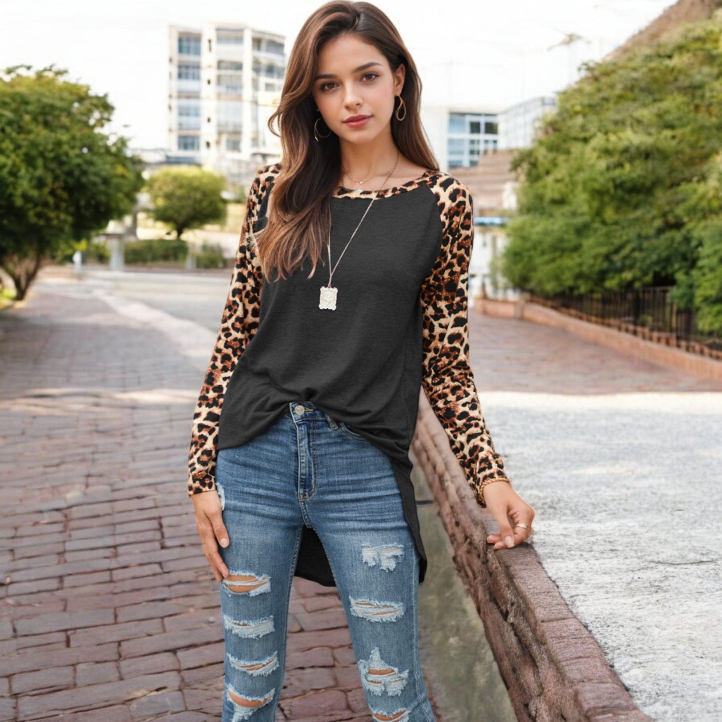 Anna-Kaci Women's Long Sleeve Pullover Shirt with Leopard Print Contrast Panels and Crew Neck