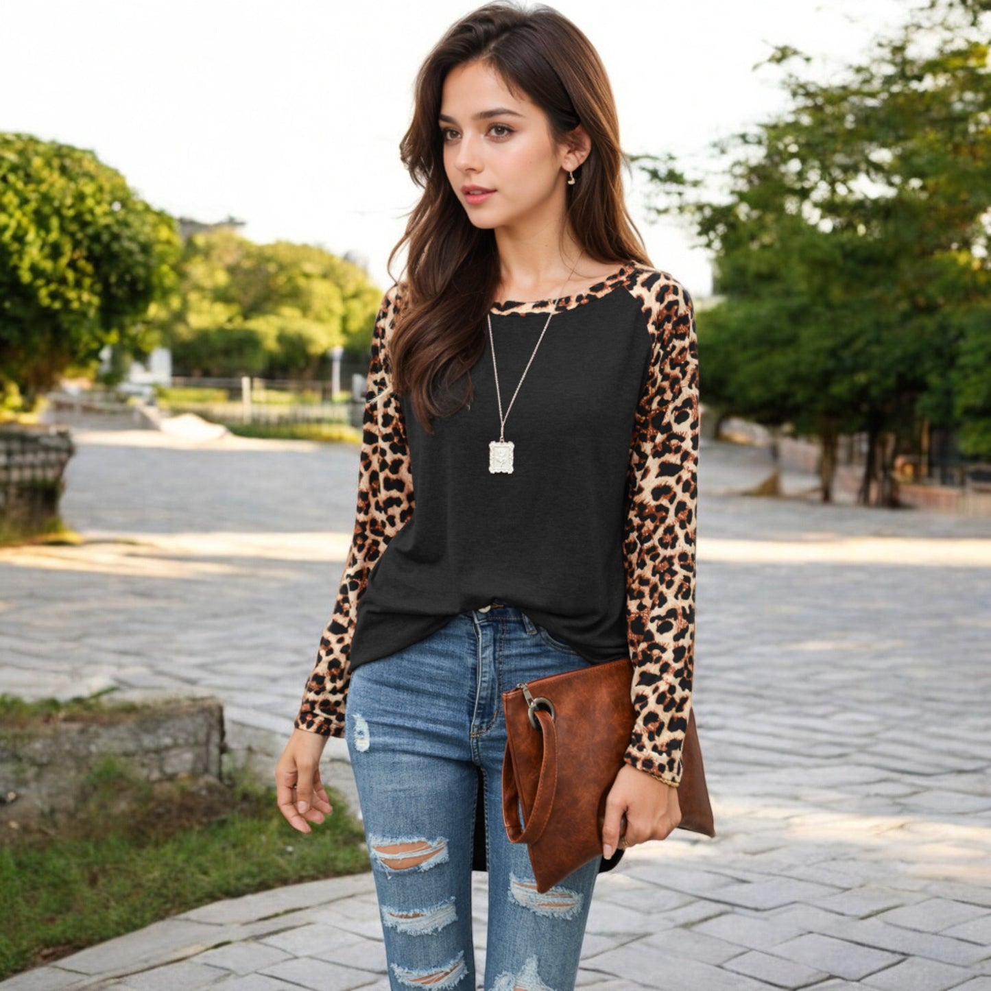 Anna-Kaci Women's Long Sleeve Pullover Shirt with Leopard Print Contrast Panels and Crew Neck