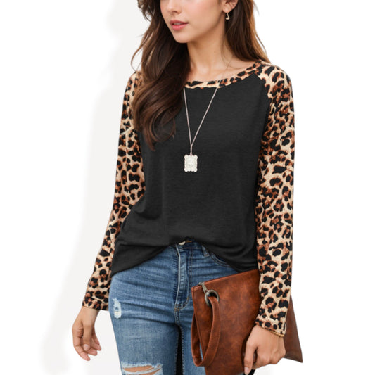 Anna-Kaci Women's Long Sleeve Pullover Shirt with Leopard Print Contrast Panels and Crew Neck
