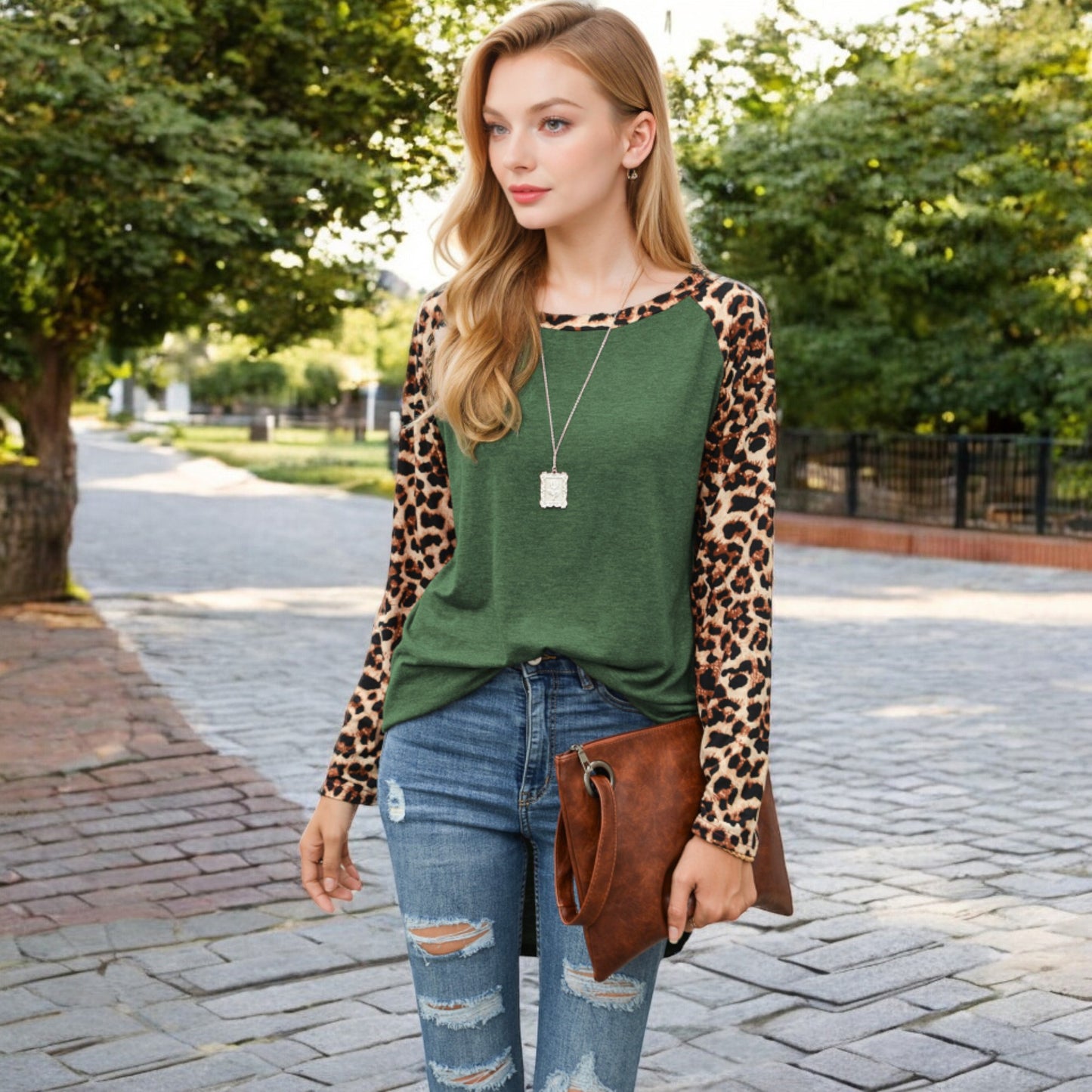 Anna-Kaci Women's Long Sleeve Pullover Shirt with Leopard Print Contrast Panels and Crew Neck