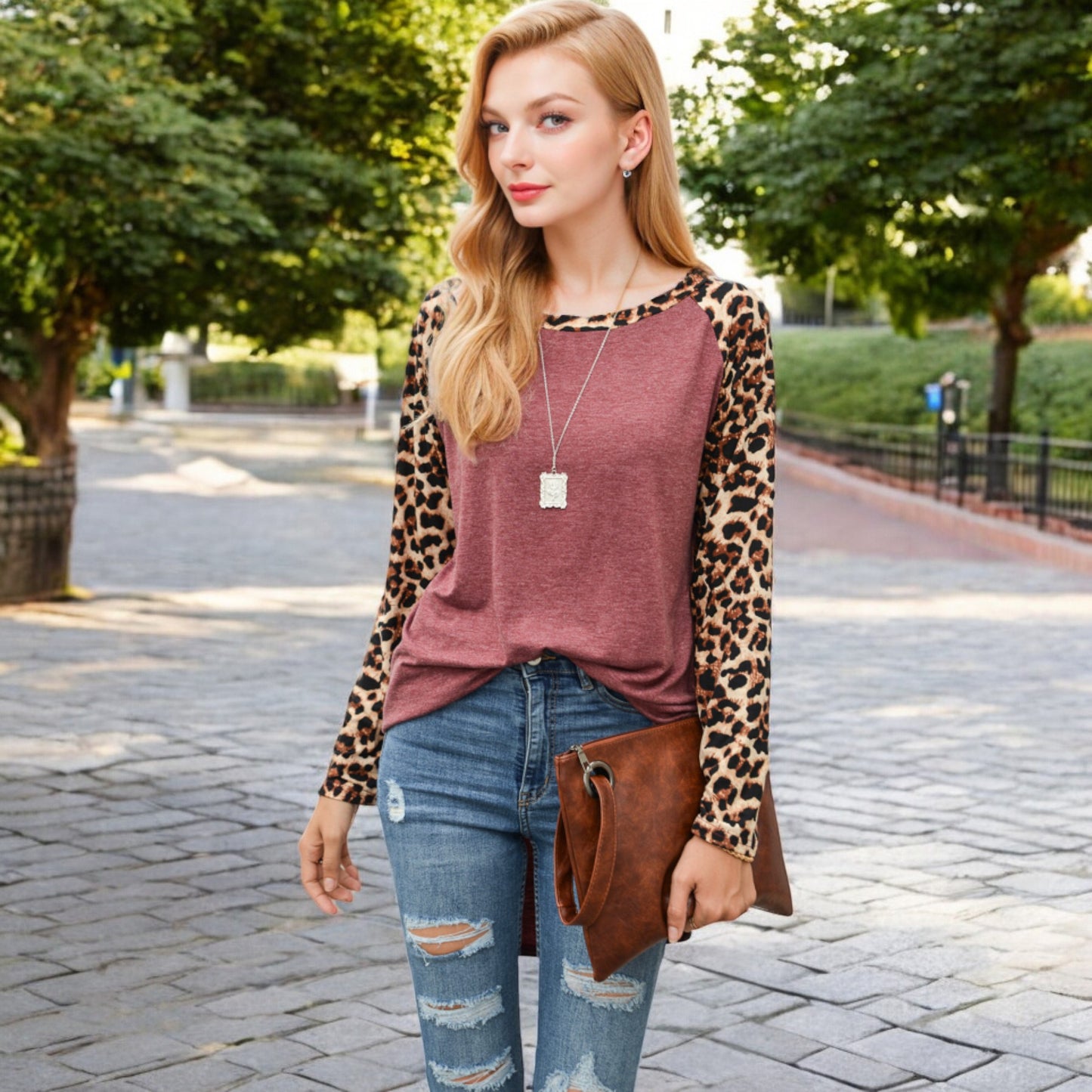 Anna-Kaci Women's Long Sleeve Pullover Shirt with Leopard Print Contrast Panels and Crew Neck