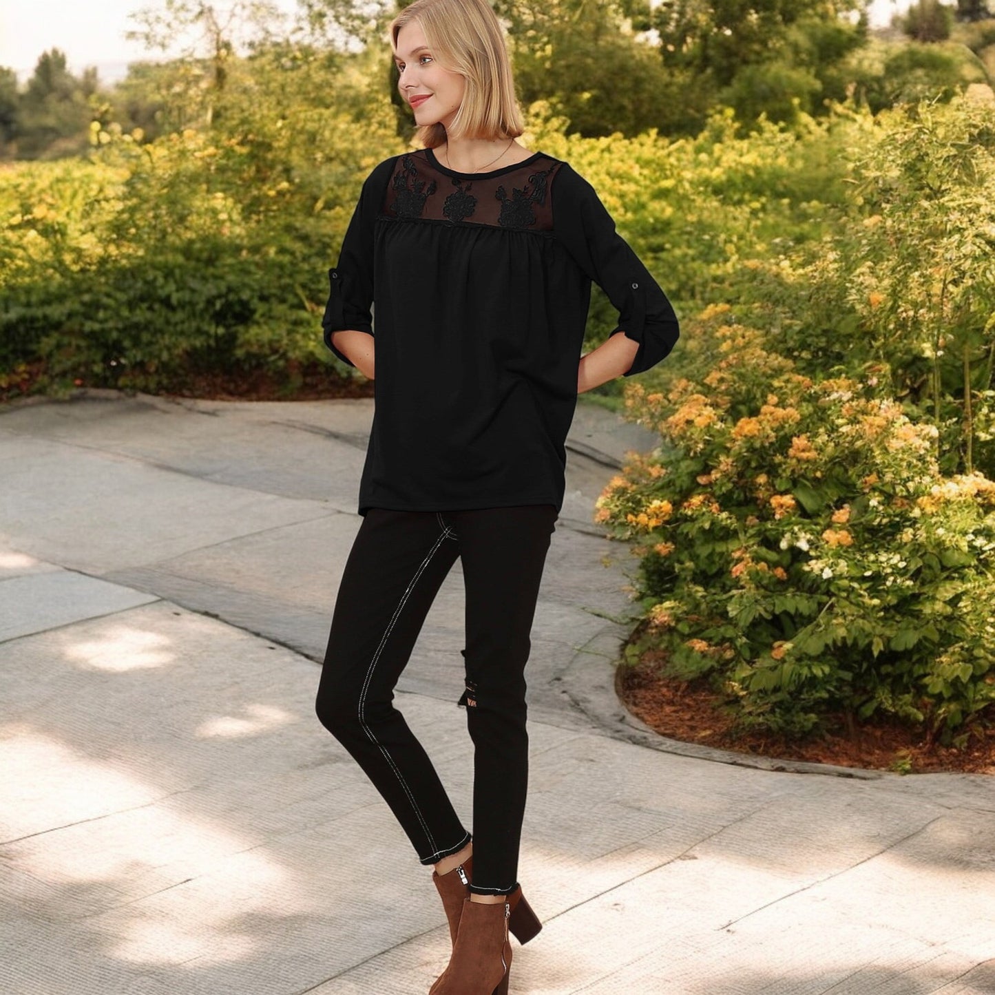 Anna-Kaci Women's 3/4 Sleeve Loose Fit Top with Sheer Floral Lace Yoke and Button Tab Sleeves