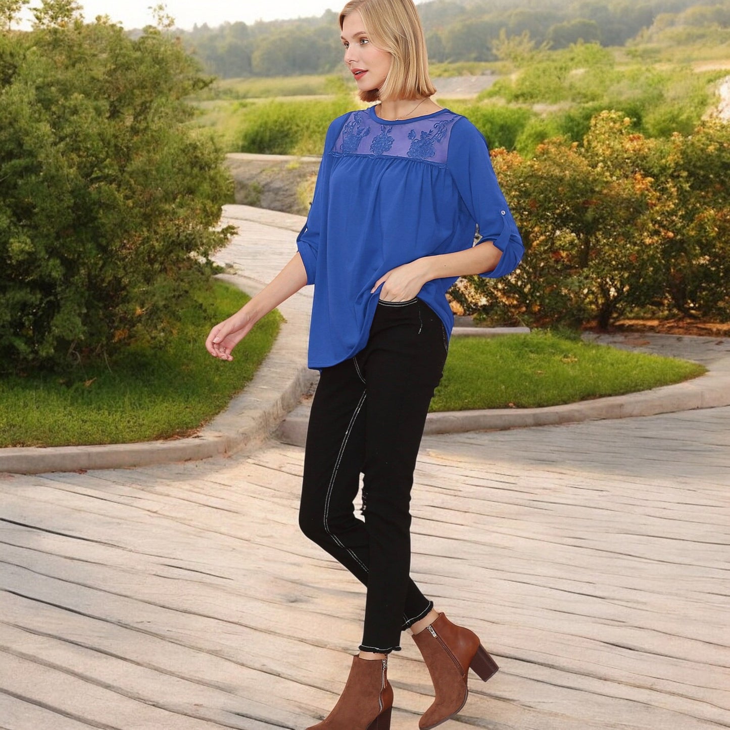 Anna-Kaci Women's 3/4 Sleeve Loose Fit Top with Sheer Floral Lace Yoke and Button Tab Sleeves