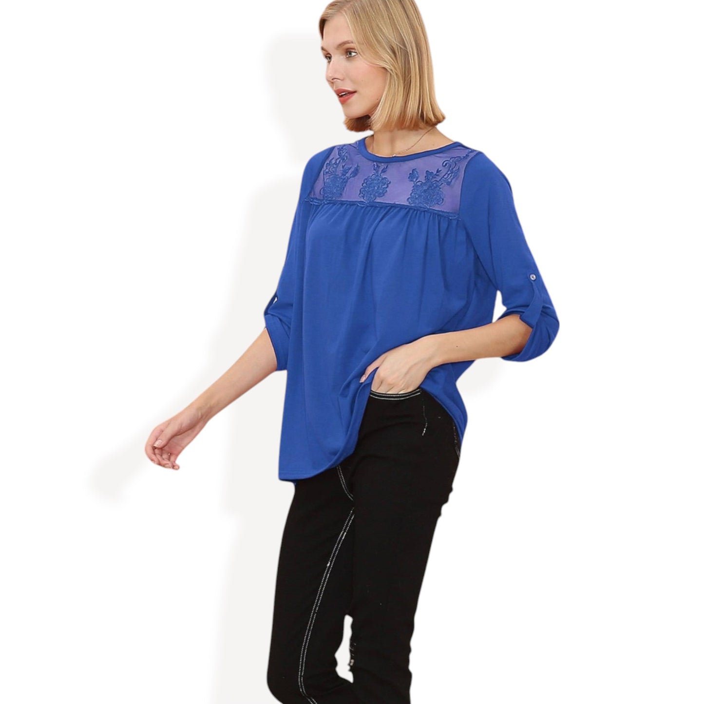 Anna-Kaci Women's 3/4 Sleeve Loose Fit Top with Sheer Floral Lace Yoke and Button Tab Sleeves