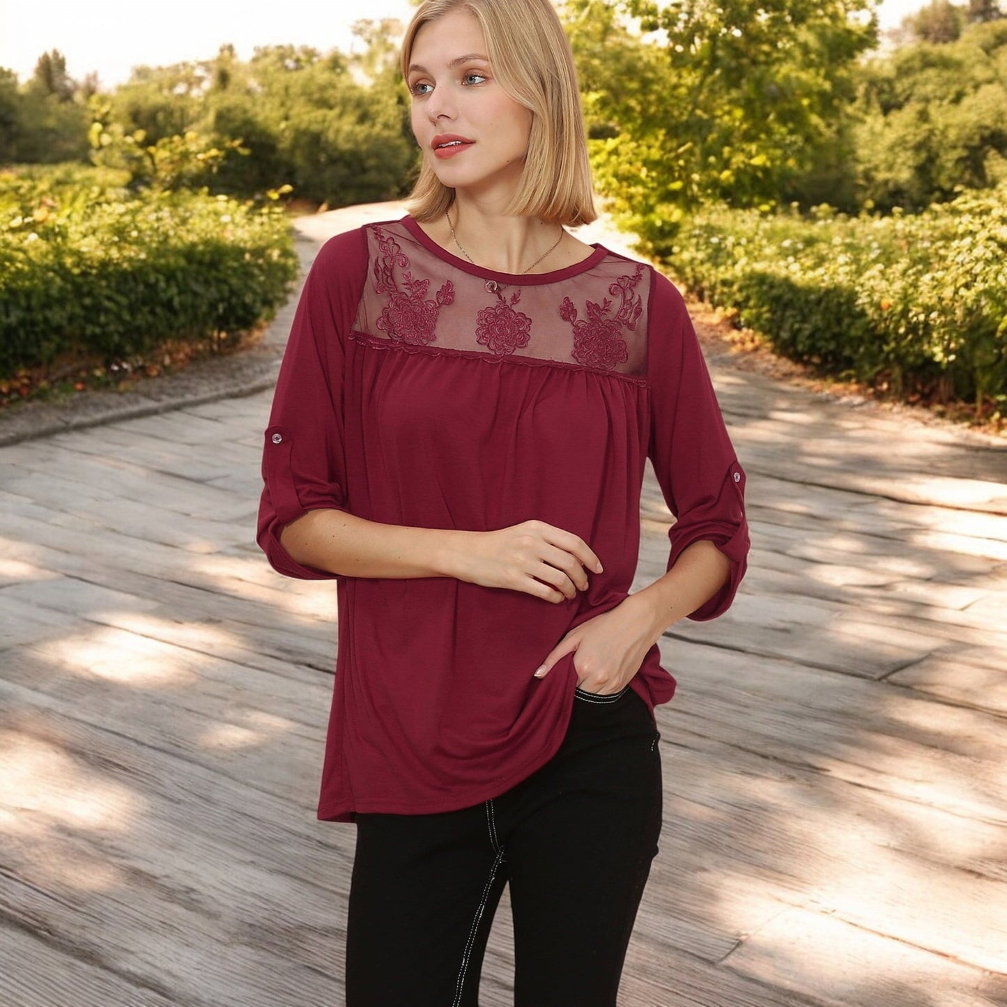 Anna-Kaci Women's 3/4 Sleeve Loose Fit Top with Sheer Floral Lace Yoke and Button Tab Sleeves