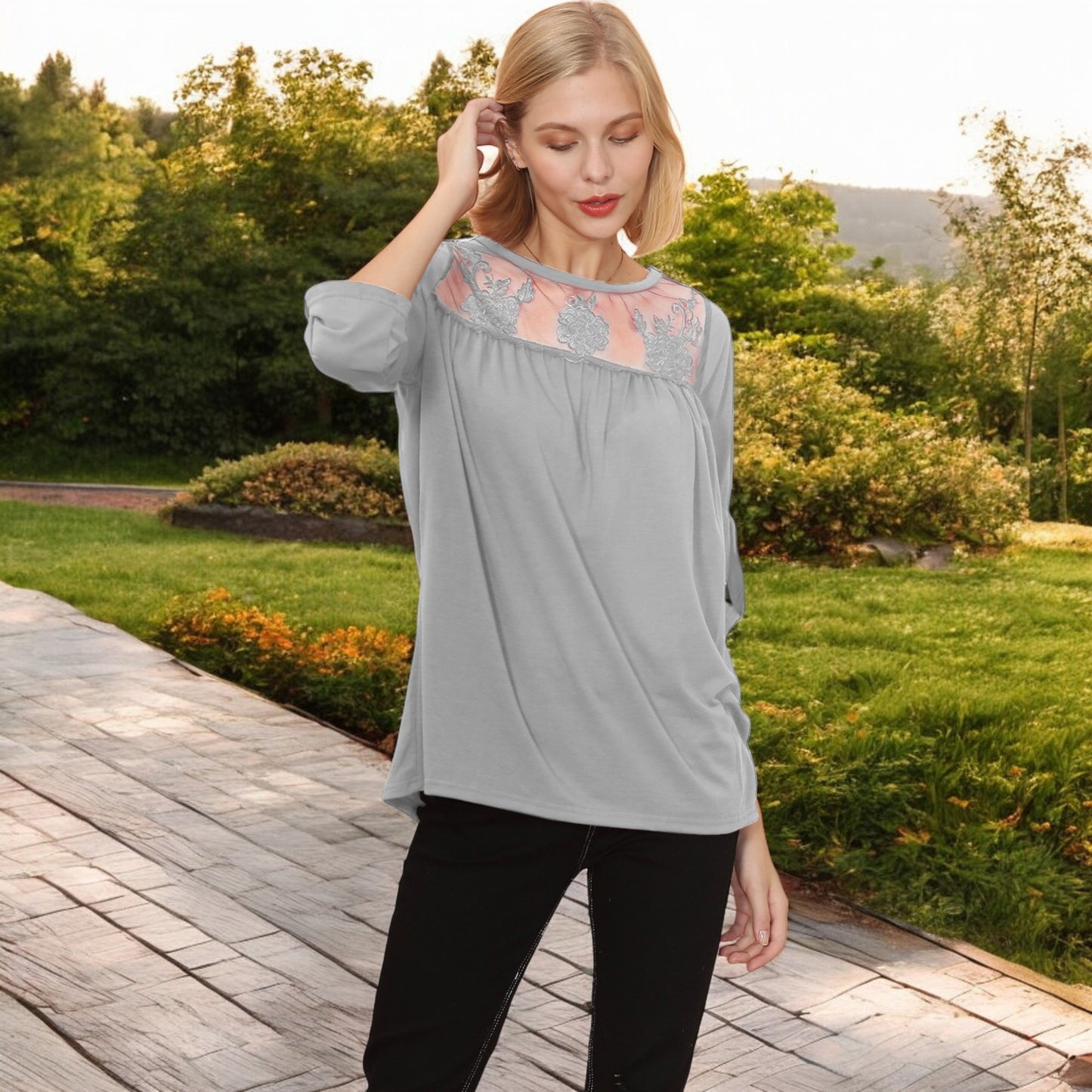 Anna-Kaci Women's 3/4 Sleeve Loose Fit Top with Sheer Floral Lace Yoke and Button Tab Sleeves