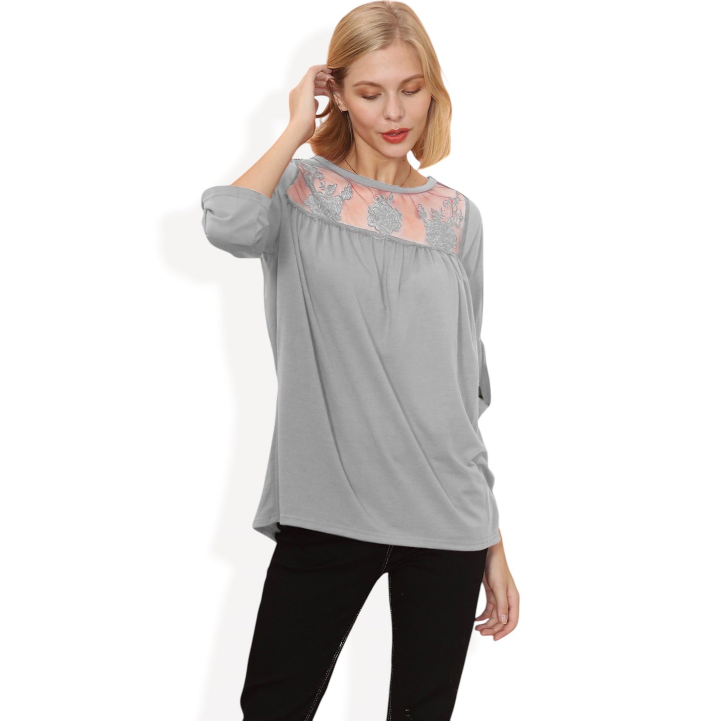 Anna-Kaci Women's 3/4 Sleeve Loose Fit Top with Sheer Floral Lace Yoke and Button Tab Sleeves