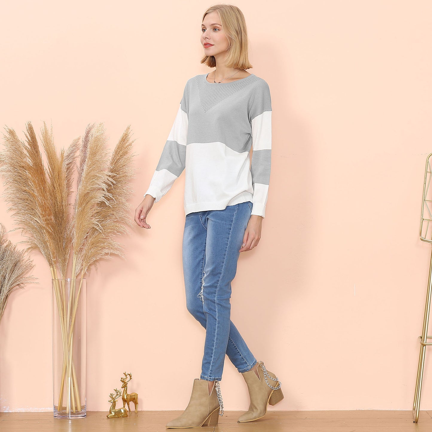 Anna-Kaci Women's Long Sleeve Color Block Pullover Top with Ribbed Crew Neck and Relaxed Fit