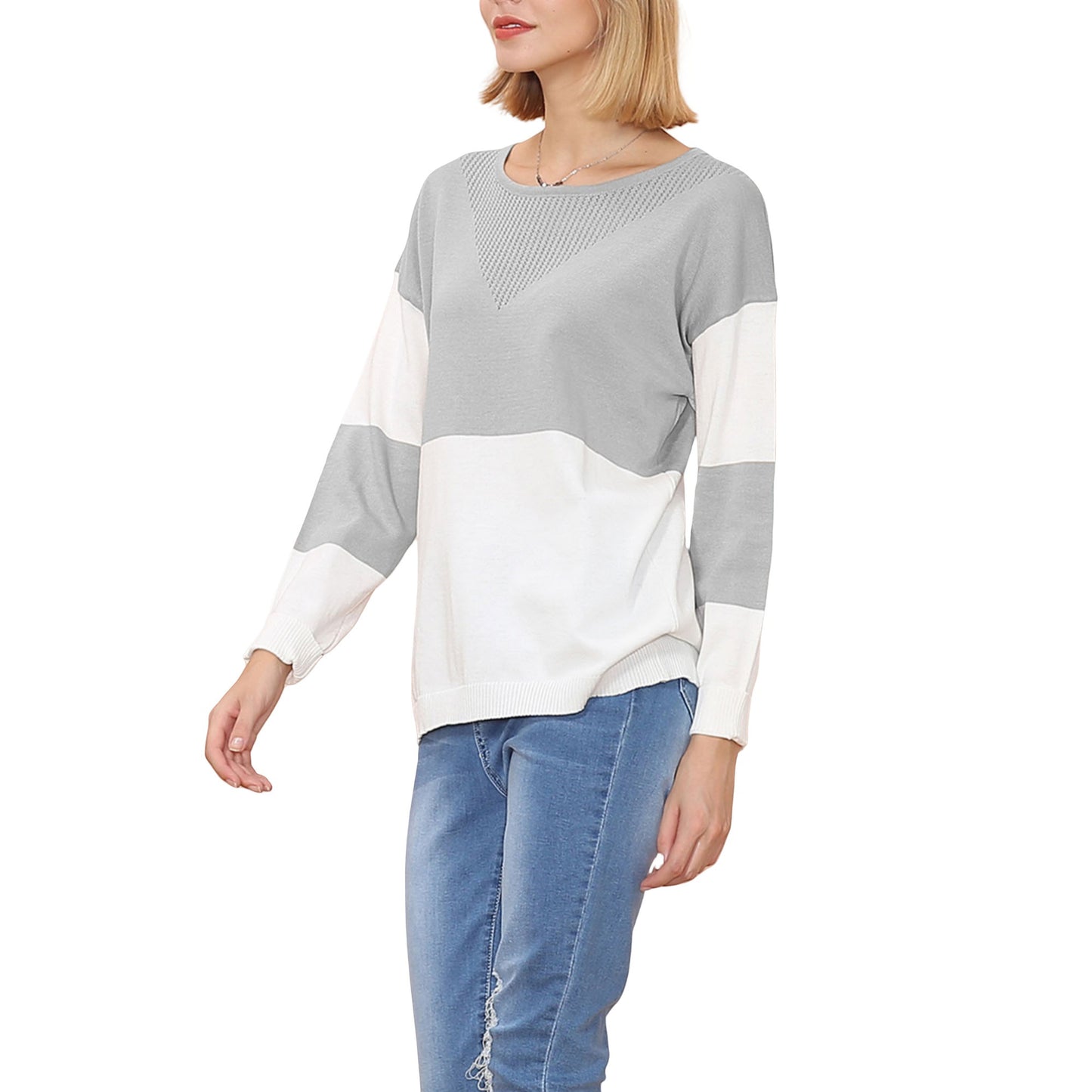 Anna-Kaci Women's Long Sleeve Color Block Pullover Top with Ribbed Crew Neck and Relaxed Fit