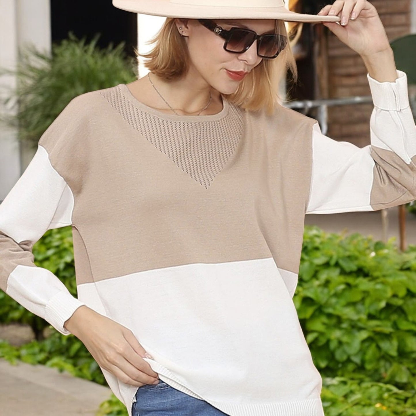 Anna-Kaci Women's Long Sleeve Color Block Pullover Top with Ribbed Crew Neck and Relaxed Fit