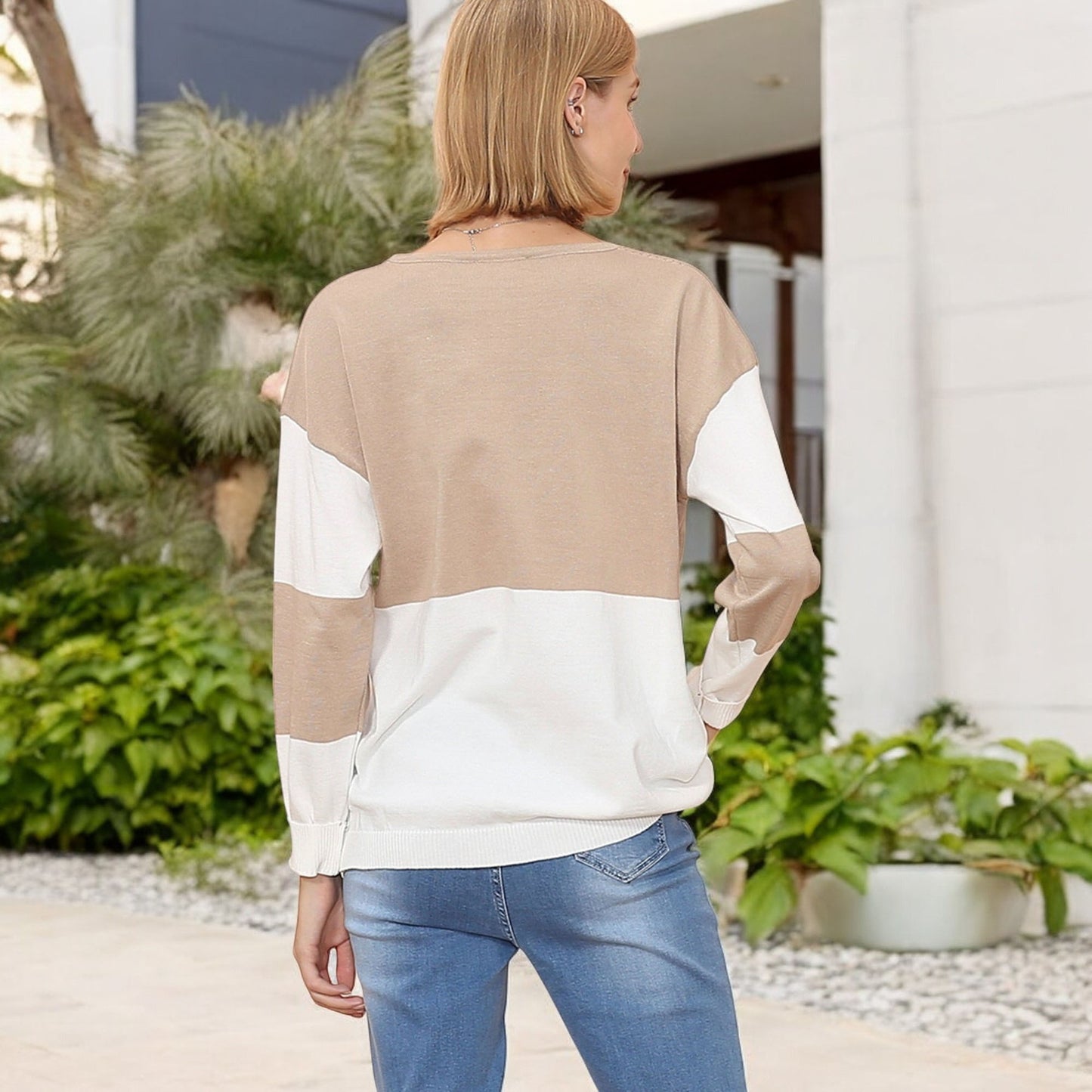 Anna-Kaci Women's Long Sleeve Color Block Pullover Top with Ribbed Crew Neck and Relaxed Fit