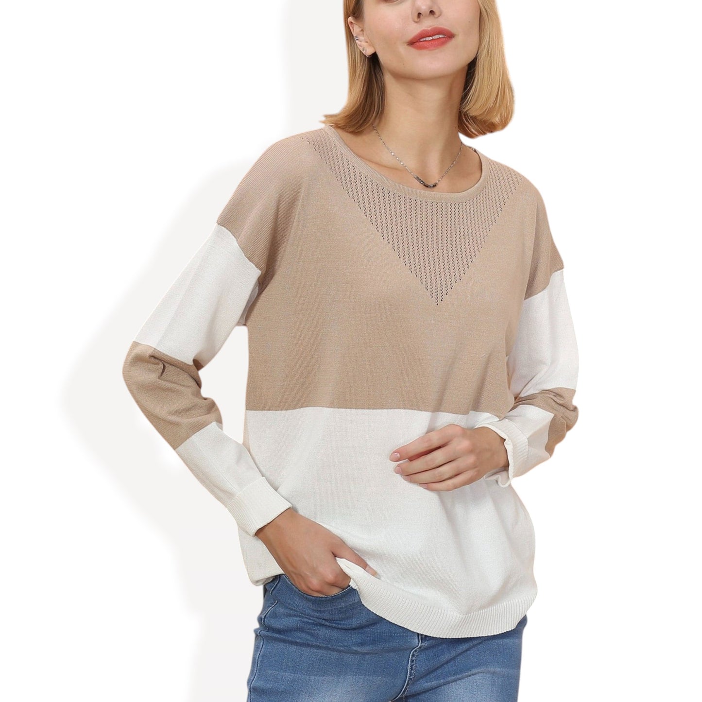 Anna-Kaci Women's Long Sleeve Color Block Pullover Top with Ribbed Crew Neck and Relaxed Fit