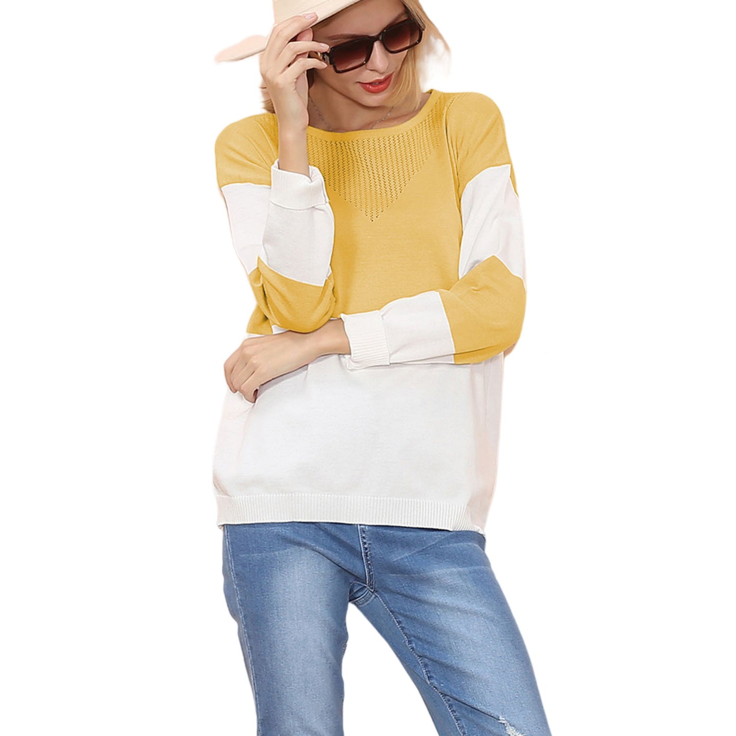 Anna-Kaci Women's Long Sleeve Color Block Pullover Top with Ribbed Crew Neck and Relaxed Fit