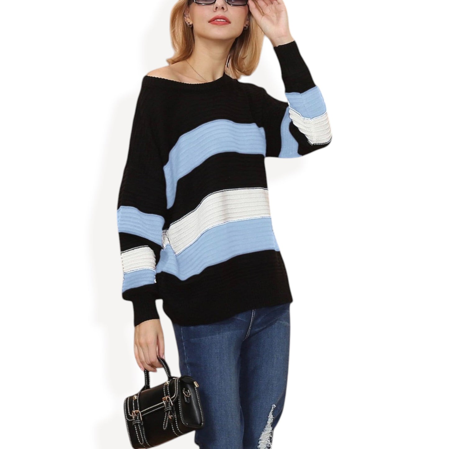 Anna-Kaci Women's Long Sleeve Pullover Knit Sweater with Bold Wide Stripe Pattern and Relaxed Fit