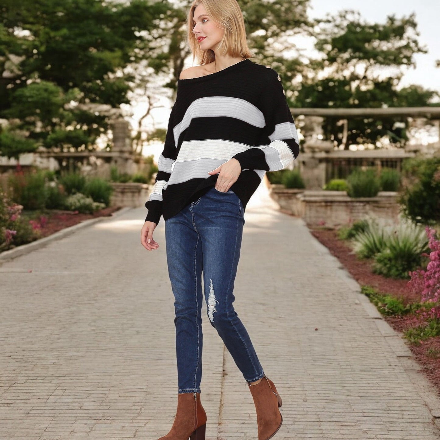Anna-Kaci Women's Long Sleeve Pullover Knit Sweater with Bold Wide Stripe Pattern and Relaxed Fit