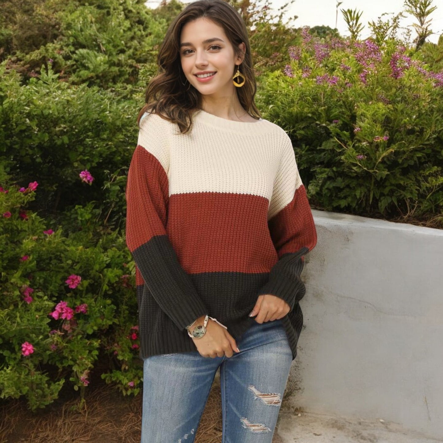 Anna-Kaci Women's Off Shoulder Color Block Knit Sweater with Long Sleeves