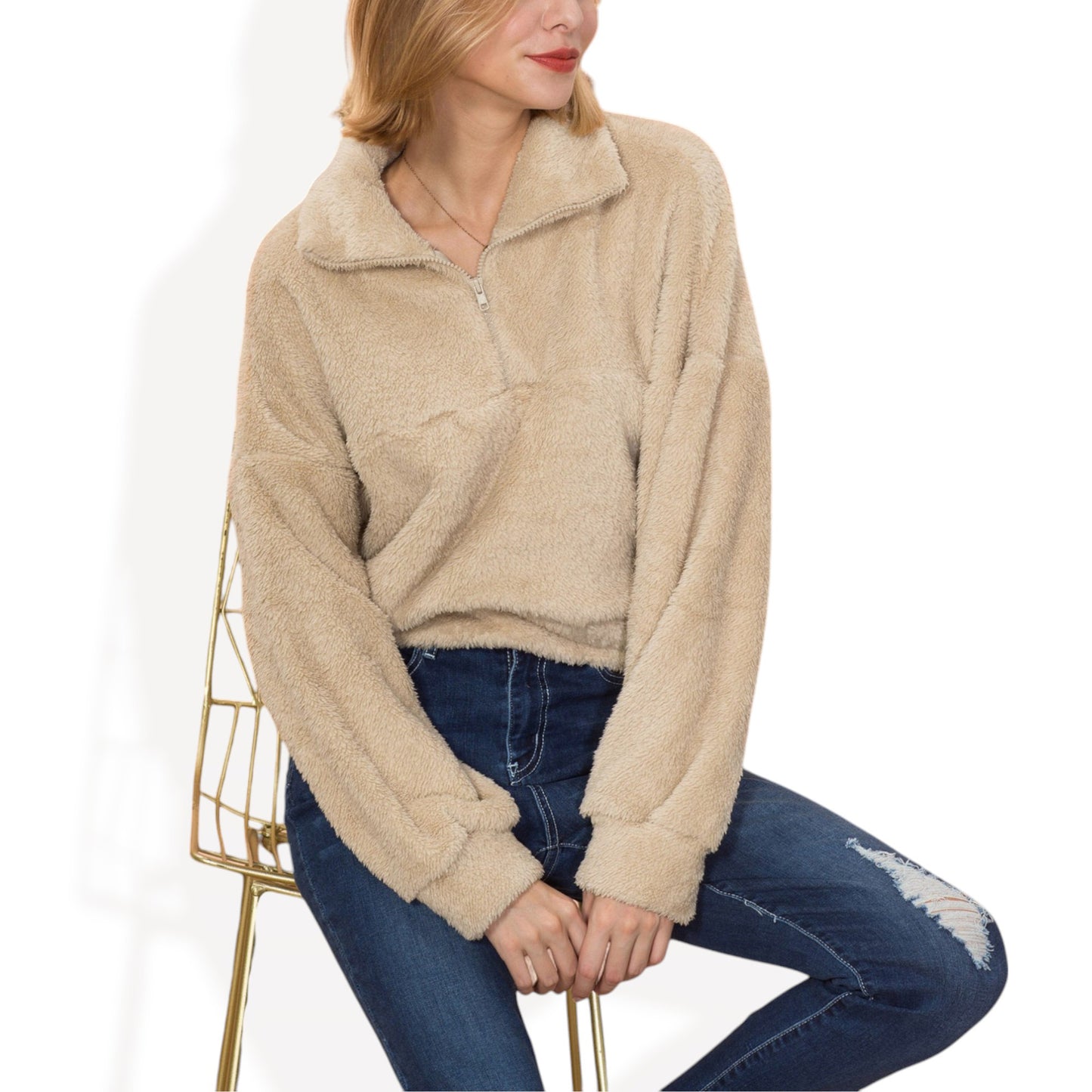 Anna-Kaci Women's High Pile Fleece Pullover with Half Zip Front and Long Sleeves