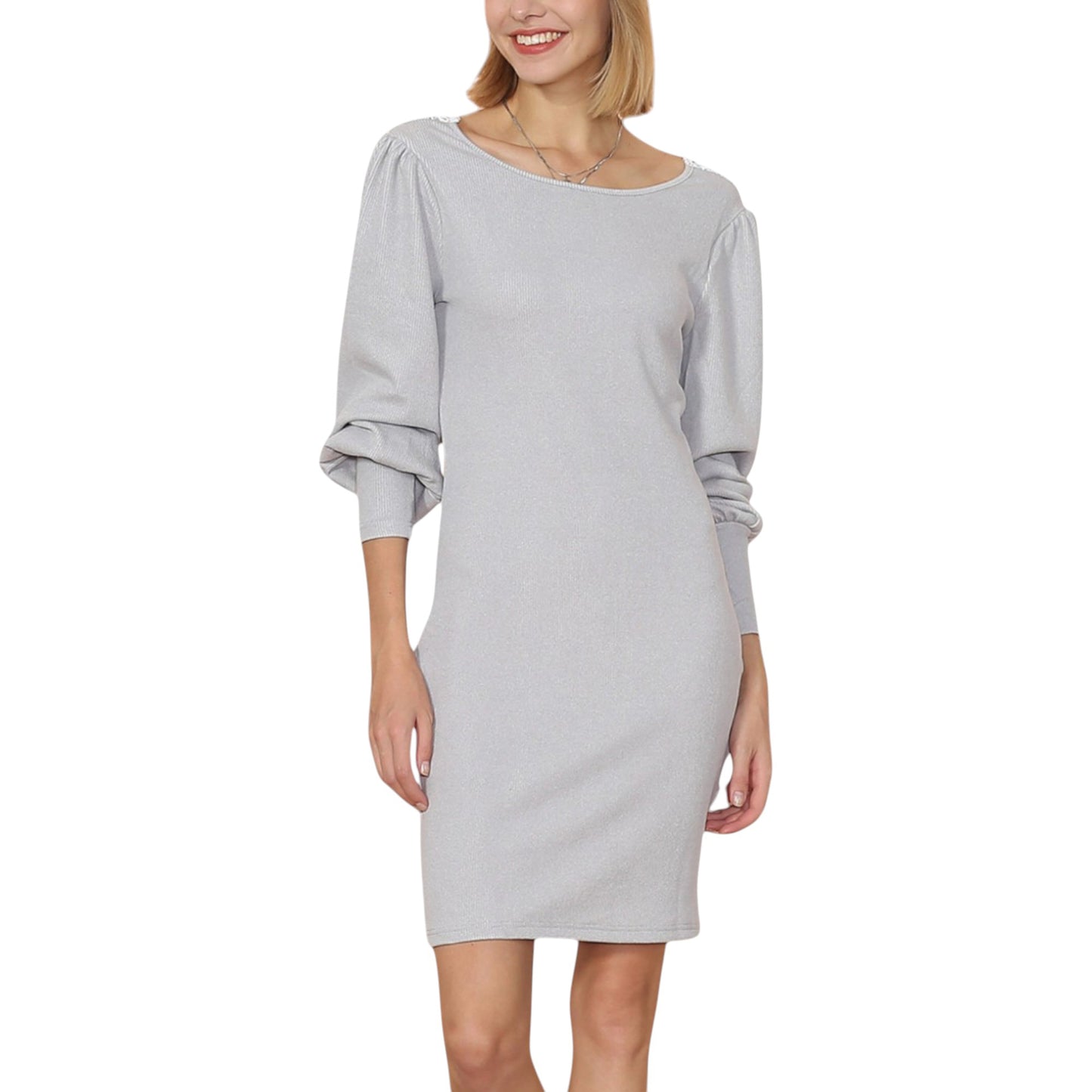 Anna-Kaci Women's Fitted Knit Mini Dress with Boat Neckline and Puff Long Sleeves