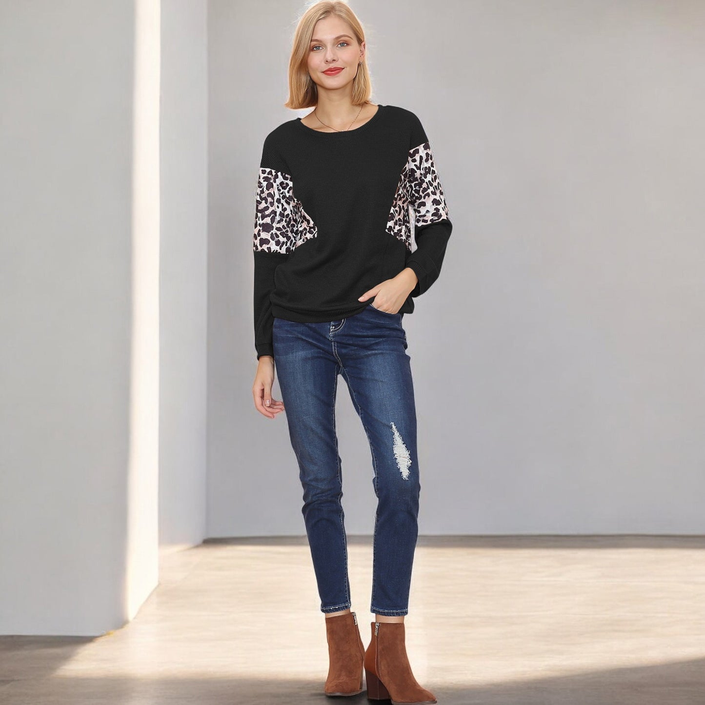 Anna-Kaci Women's Long Sleeve Sweatshirt with Leopard Print Sleeve Panels