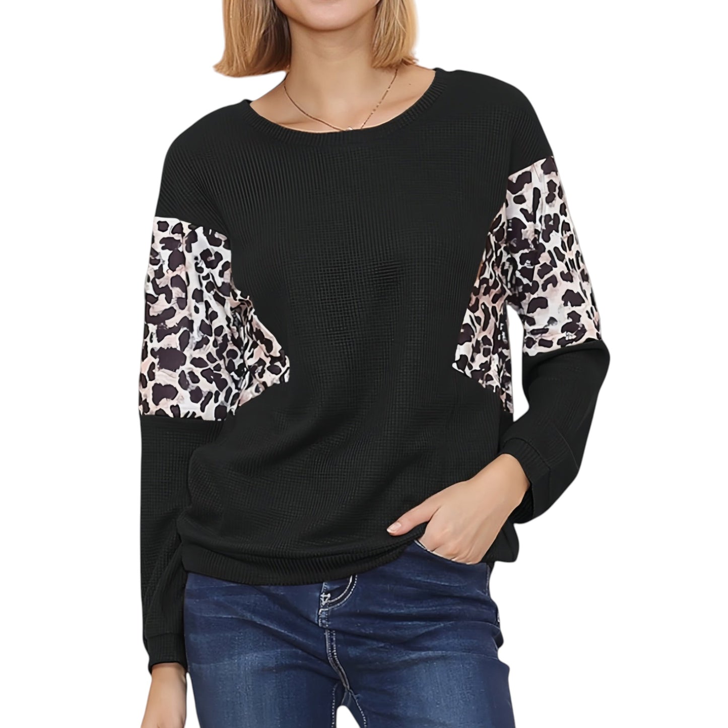 Anna-Kaci Women's Long Sleeve Sweatshirt with Leopard Print Sleeve Panels