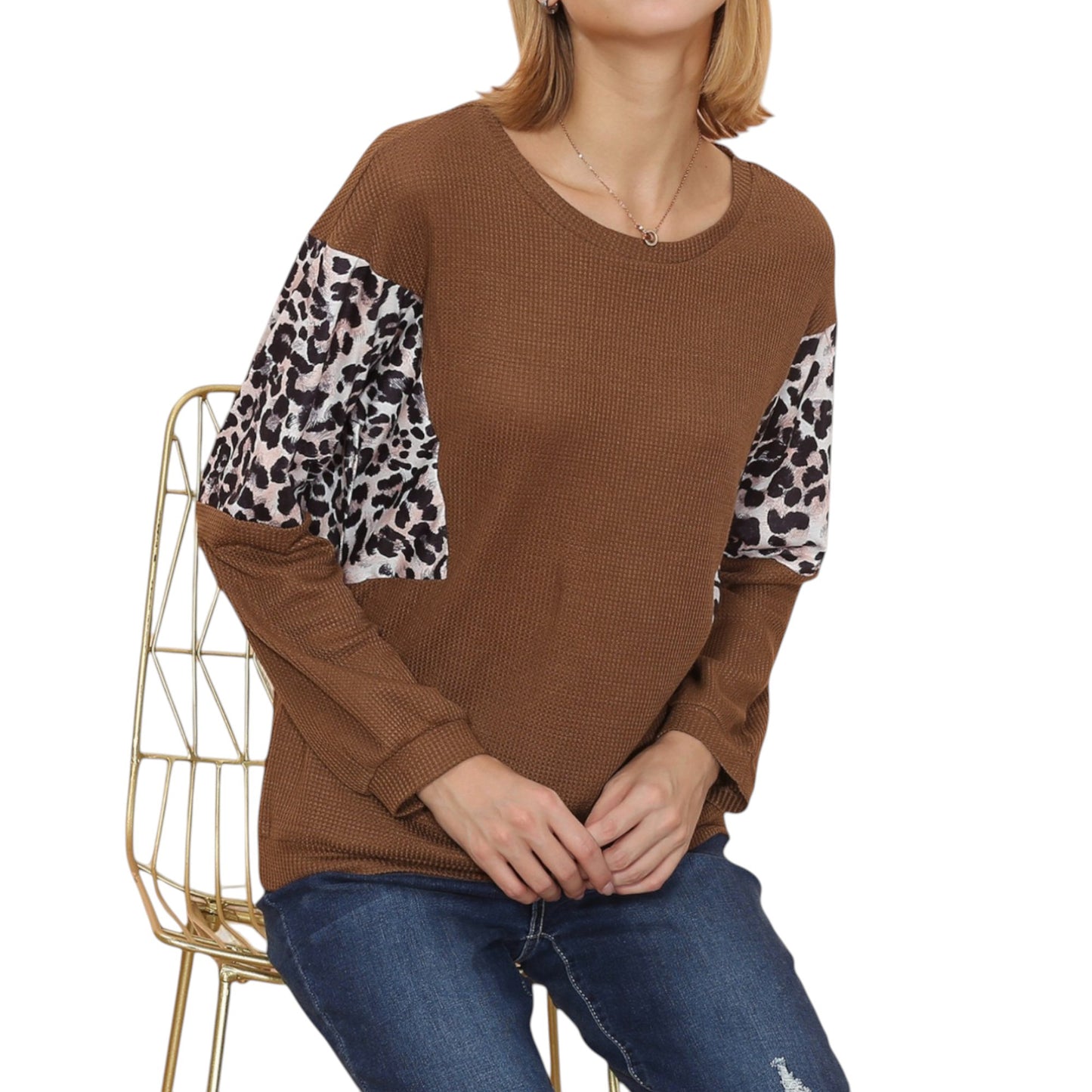 Anna-Kaci Women's Long Sleeve Sweatshirt with Leopard Print Sleeve Panels