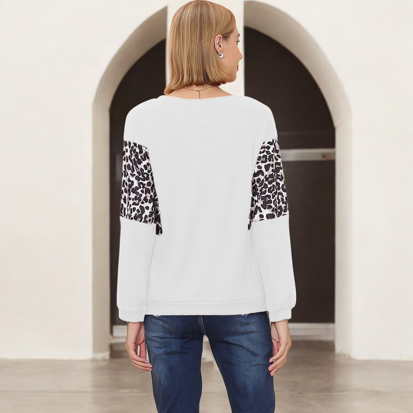 Anna-Kaci Women's Long Sleeve Sweatshirt with Leopard Print Sleeve Panels