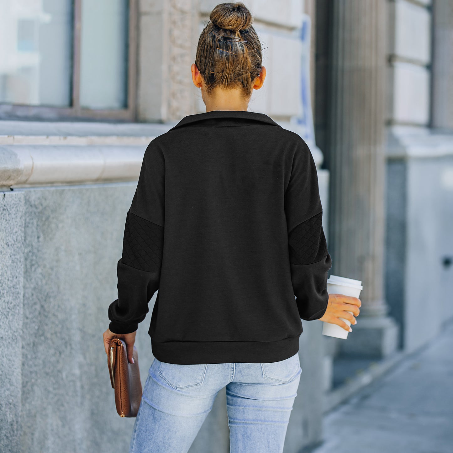 Solid Color Zipper Patchwork Sweatshirt Top