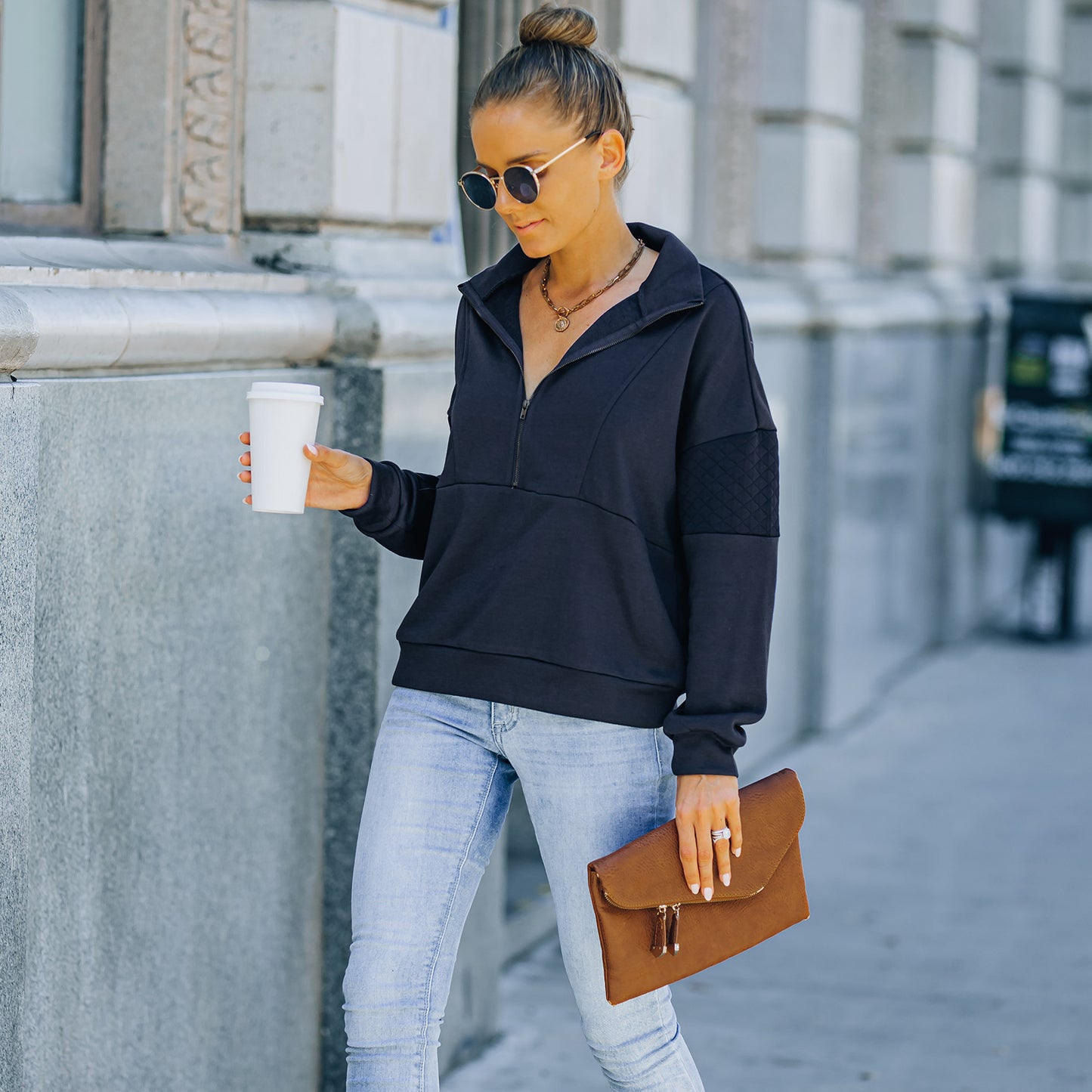 Solid Color Zipper Patchwork Sweatshirt Top