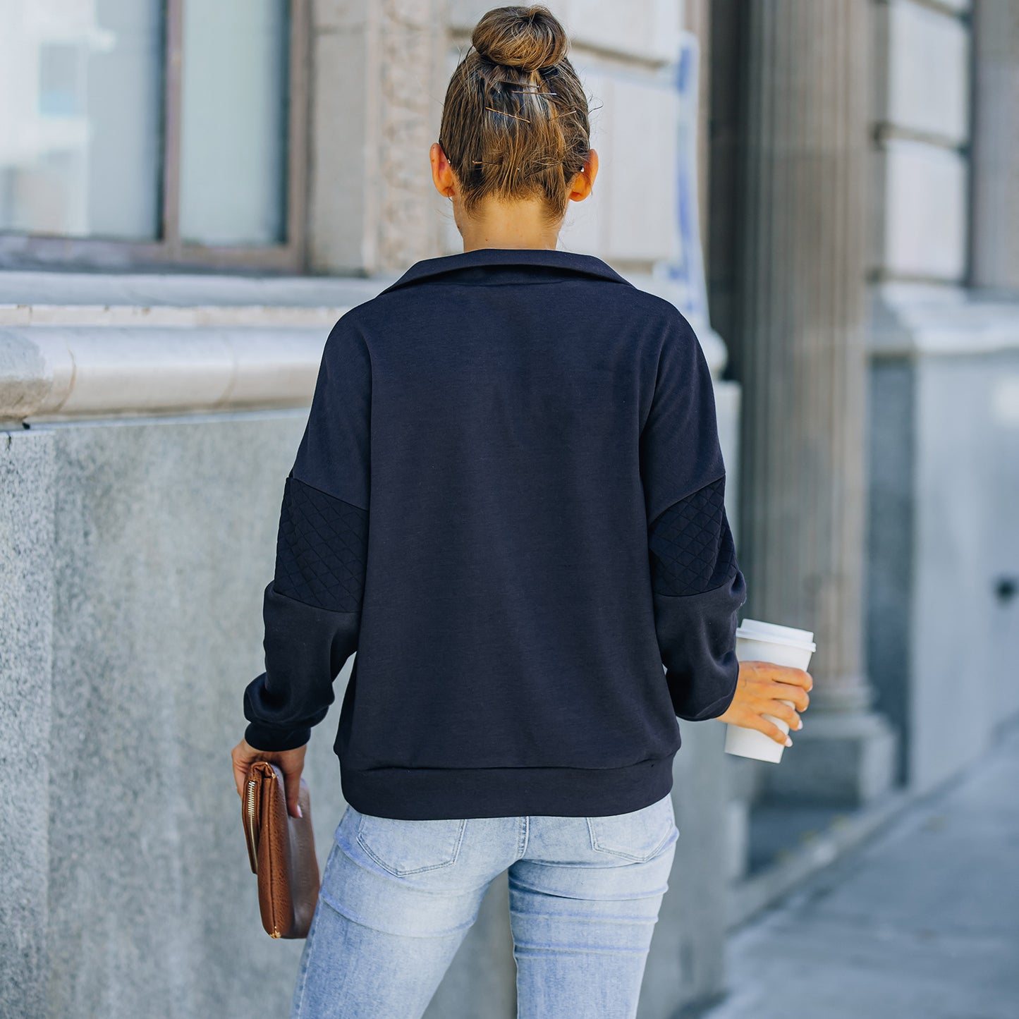 Solid Color Zipper Patchwork Sweatshirt Top