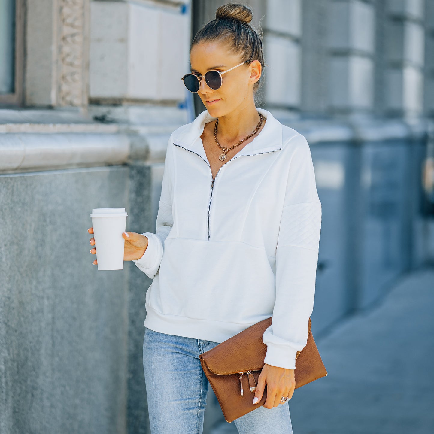 Solid Color Zipper Patchwork Sweatshirt Top