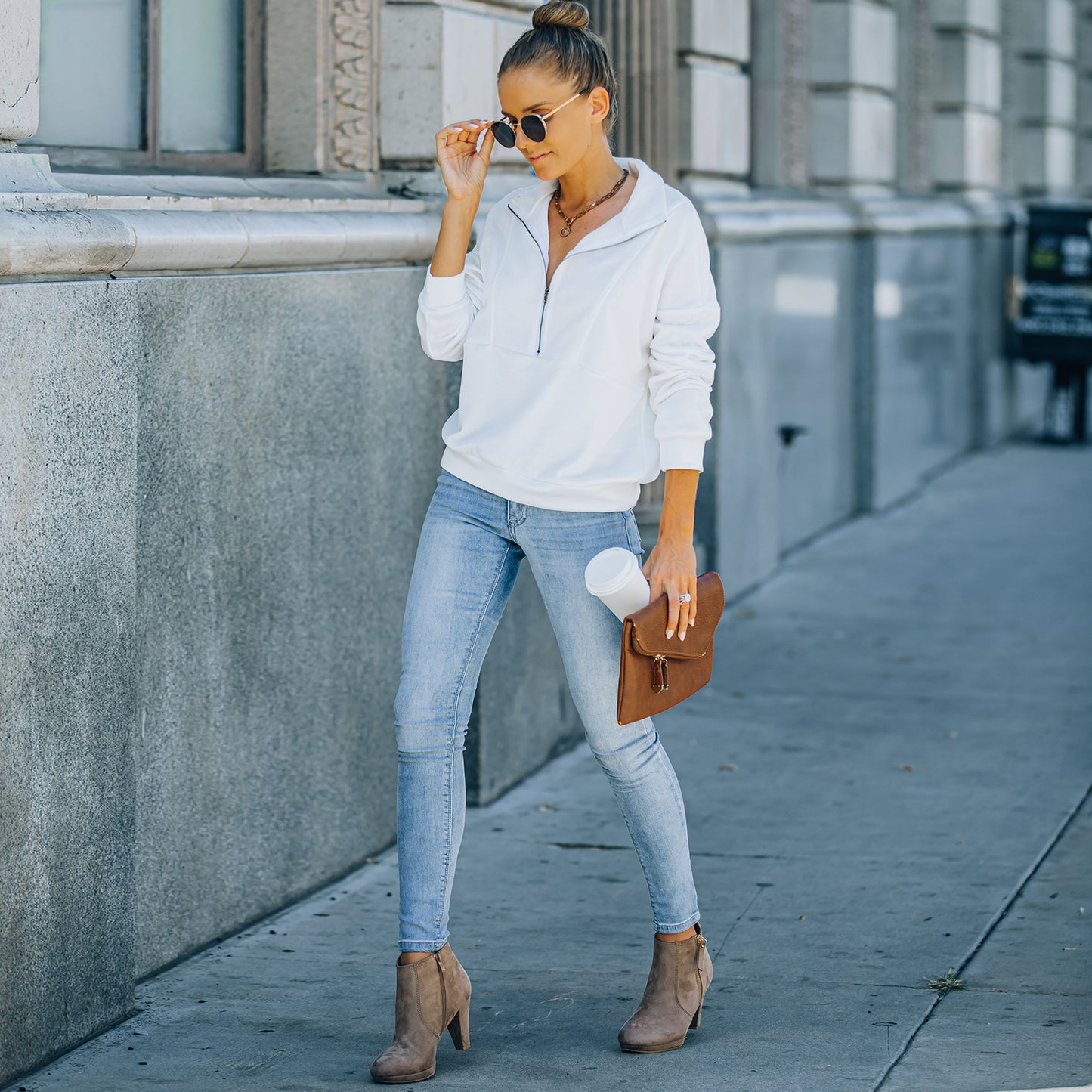 Solid Color Zipper Patchwork Sweatshirt Top