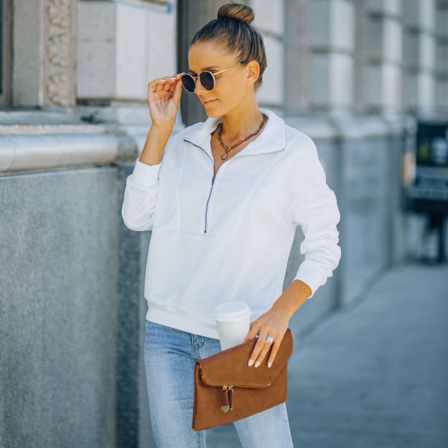 Solid Color Zipper Patchwork Sweatshirt Top