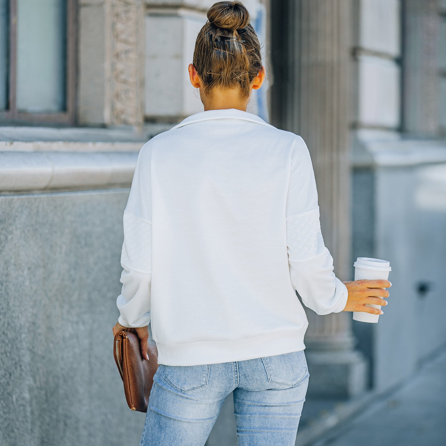Solid Color Zipper Patchwork Sweatshirt Top
