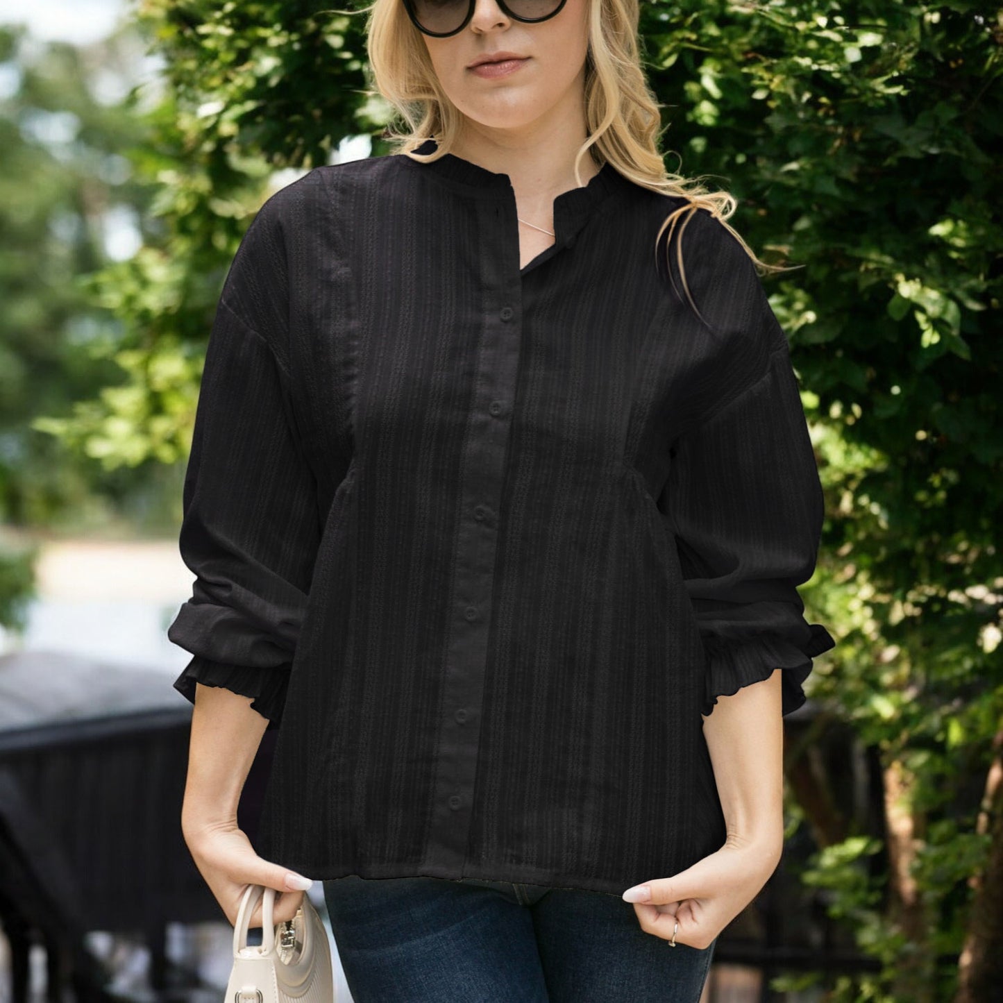 Anna-Kaci Women's Long Sleeve Button Down Blouse with Band Collar and Subtle Textured Stripe Design