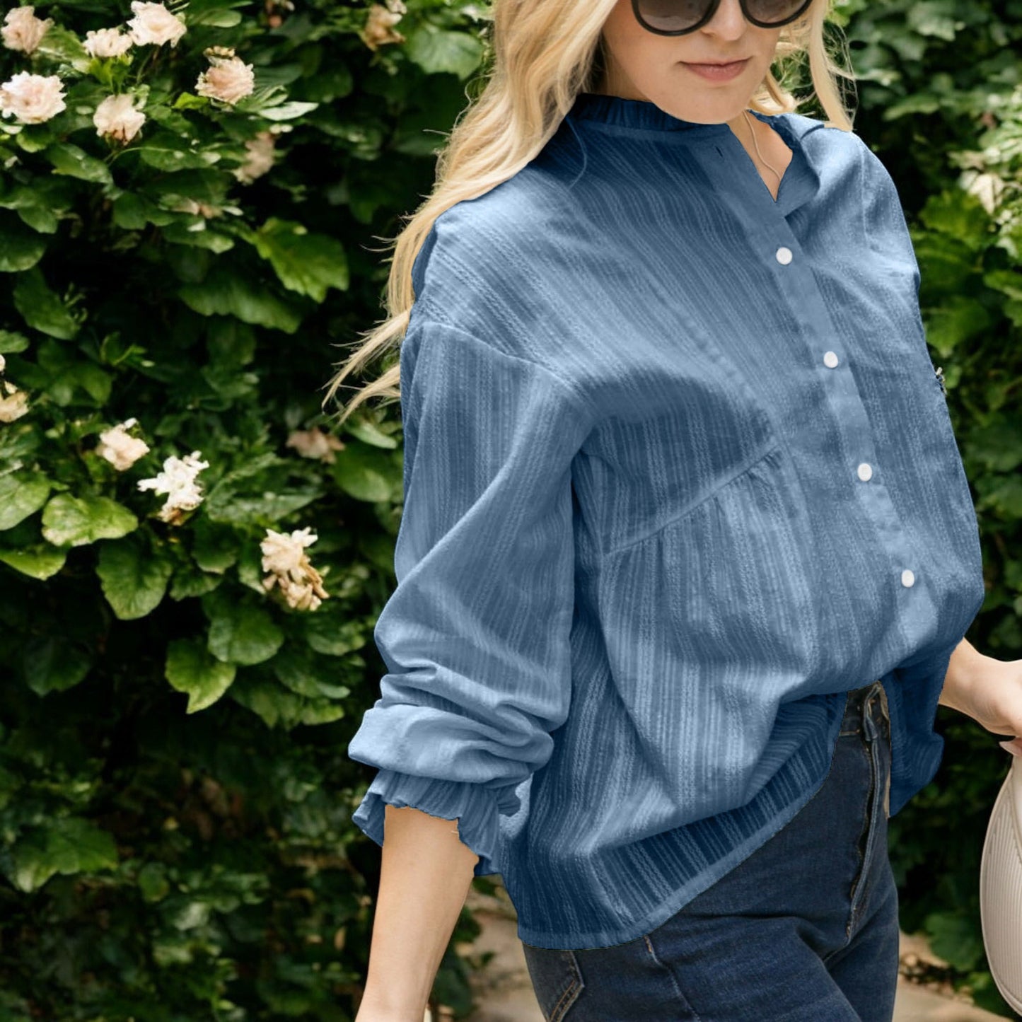 Anna-Kaci Women's Long Sleeve Button Down Blouse with Band Collar and Subtle Textured Stripe Design