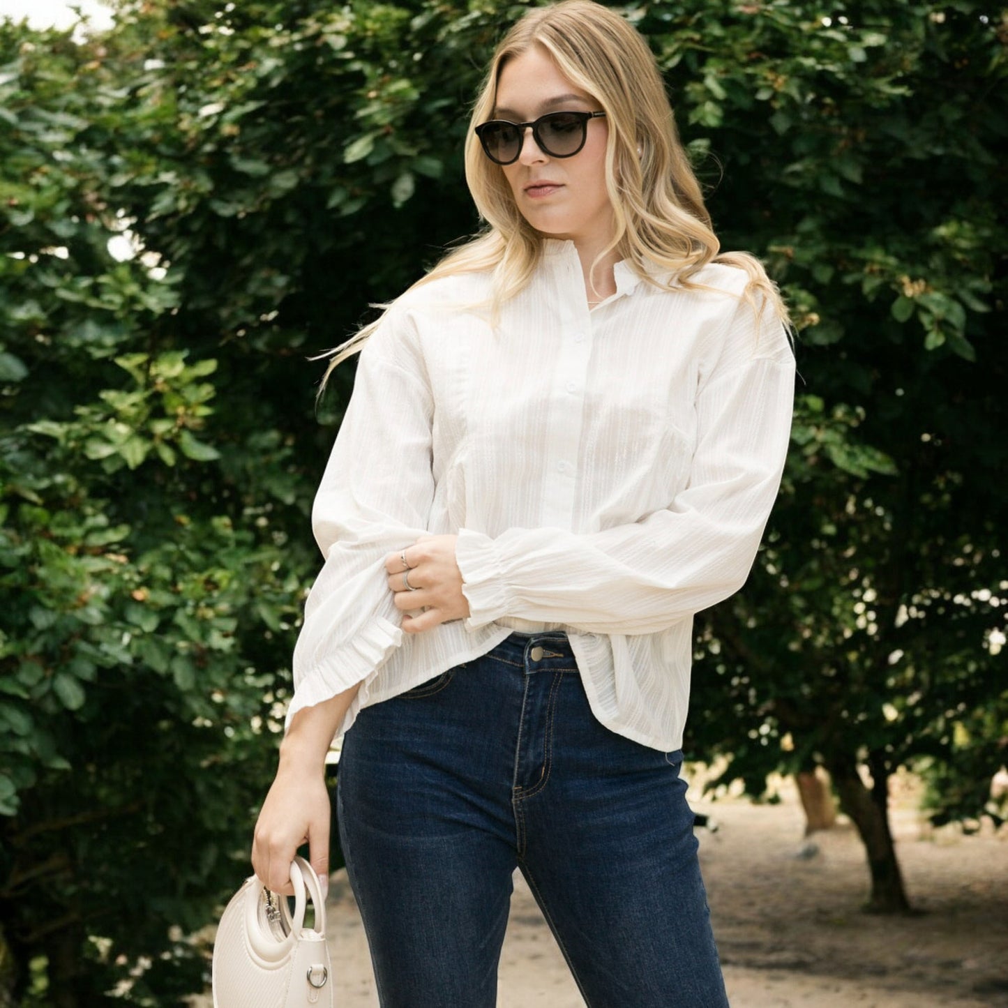 Anna-Kaci Women's Long Sleeve Button Down Blouse with Band Collar and Subtle Textured Stripe Design