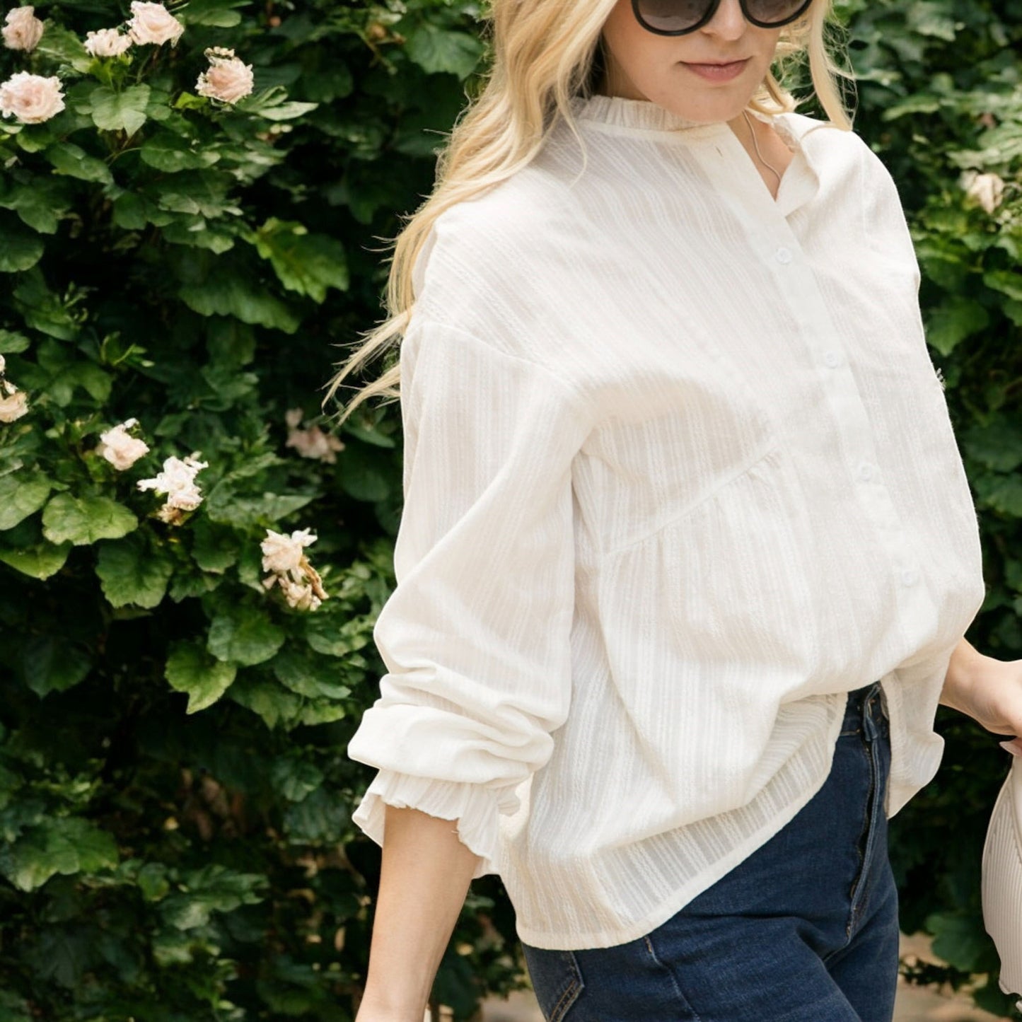 Anna-Kaci Women's Long Sleeve Button Down Blouse with Band Collar and Subtle Textured Stripe Design