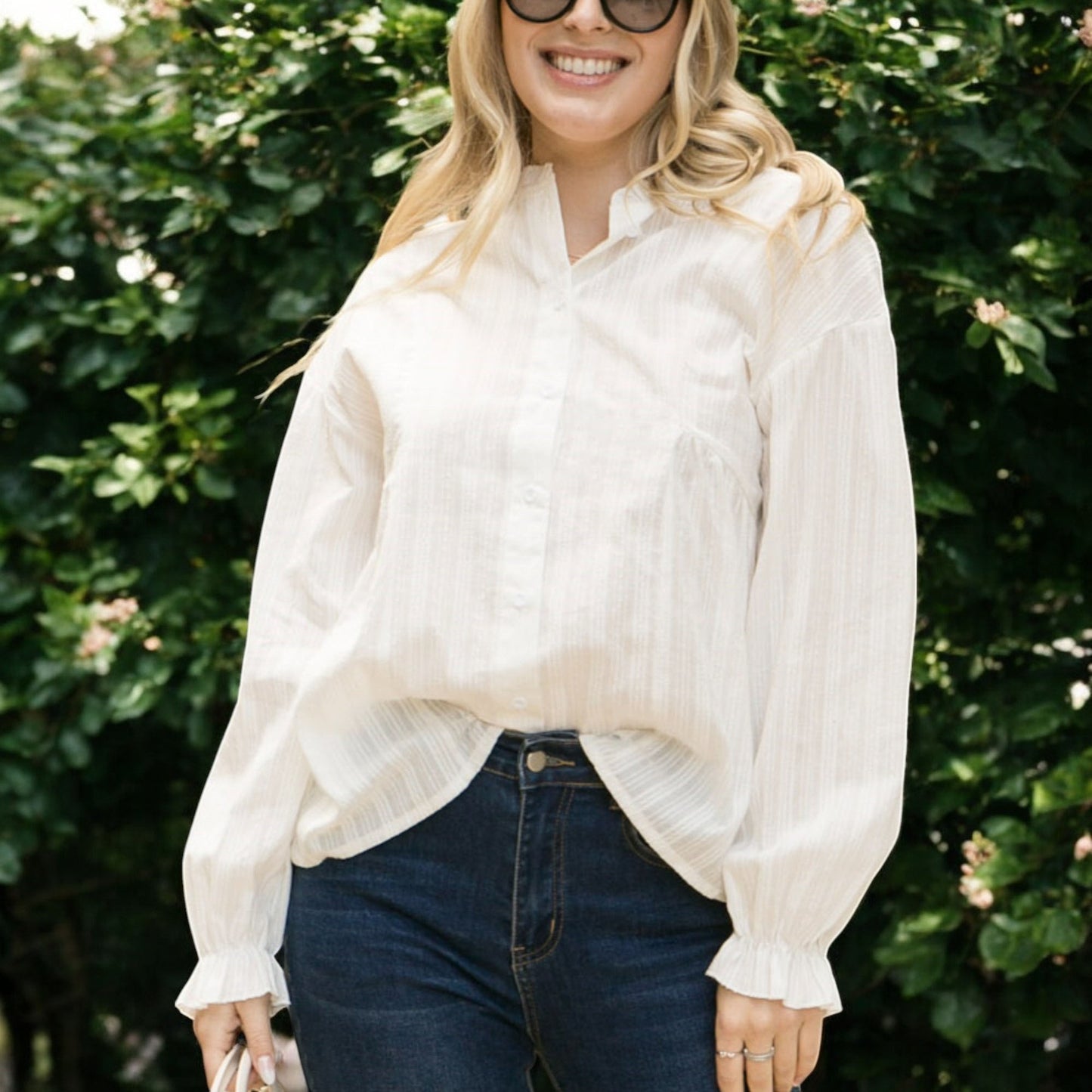 Anna-Kaci Women's Long Sleeve Button Down Blouse with Band Collar and Subtle Textured Stripe Design