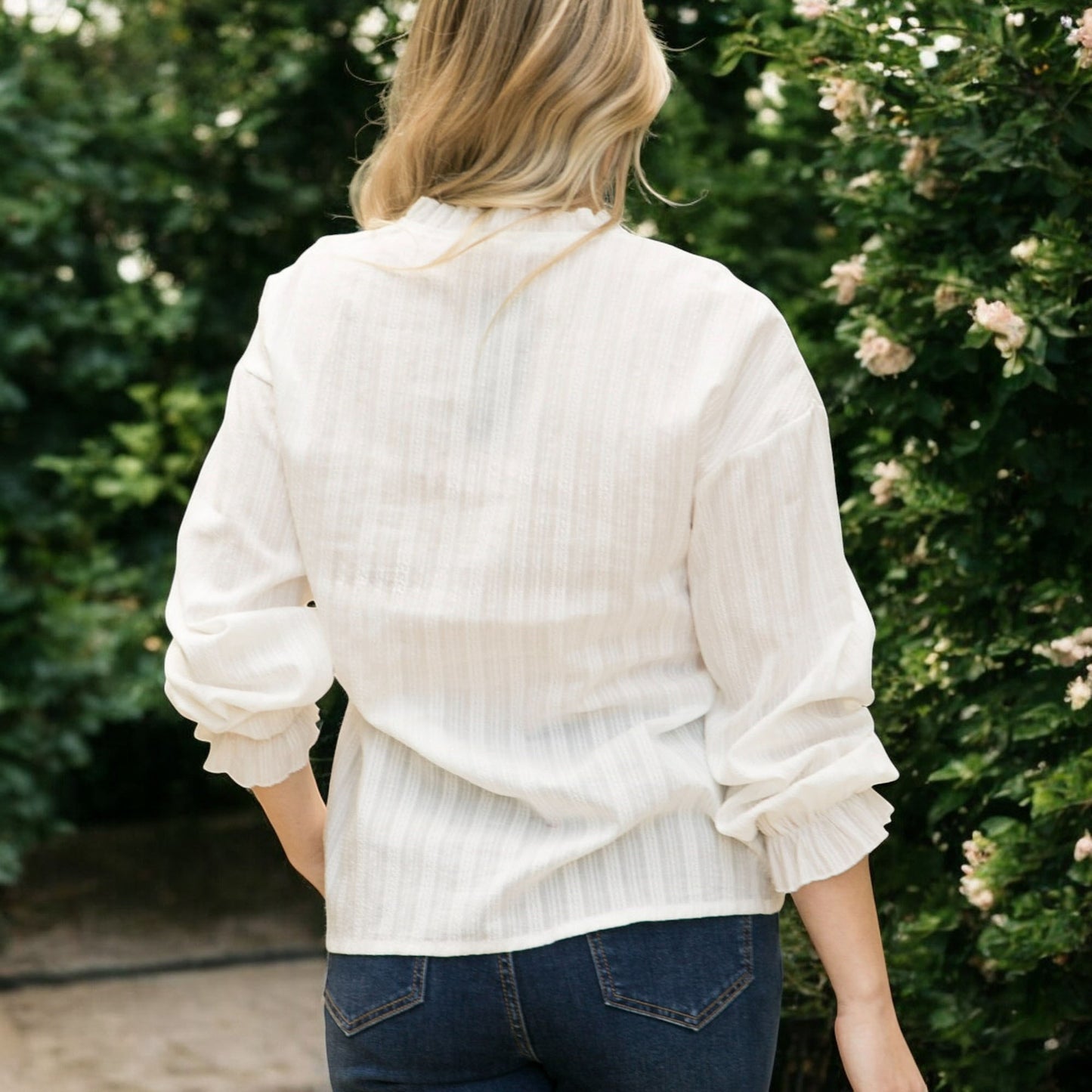 Anna-Kaci Women's Long Sleeve Button Down Blouse with Band Collar and Subtle Textured Stripe Design