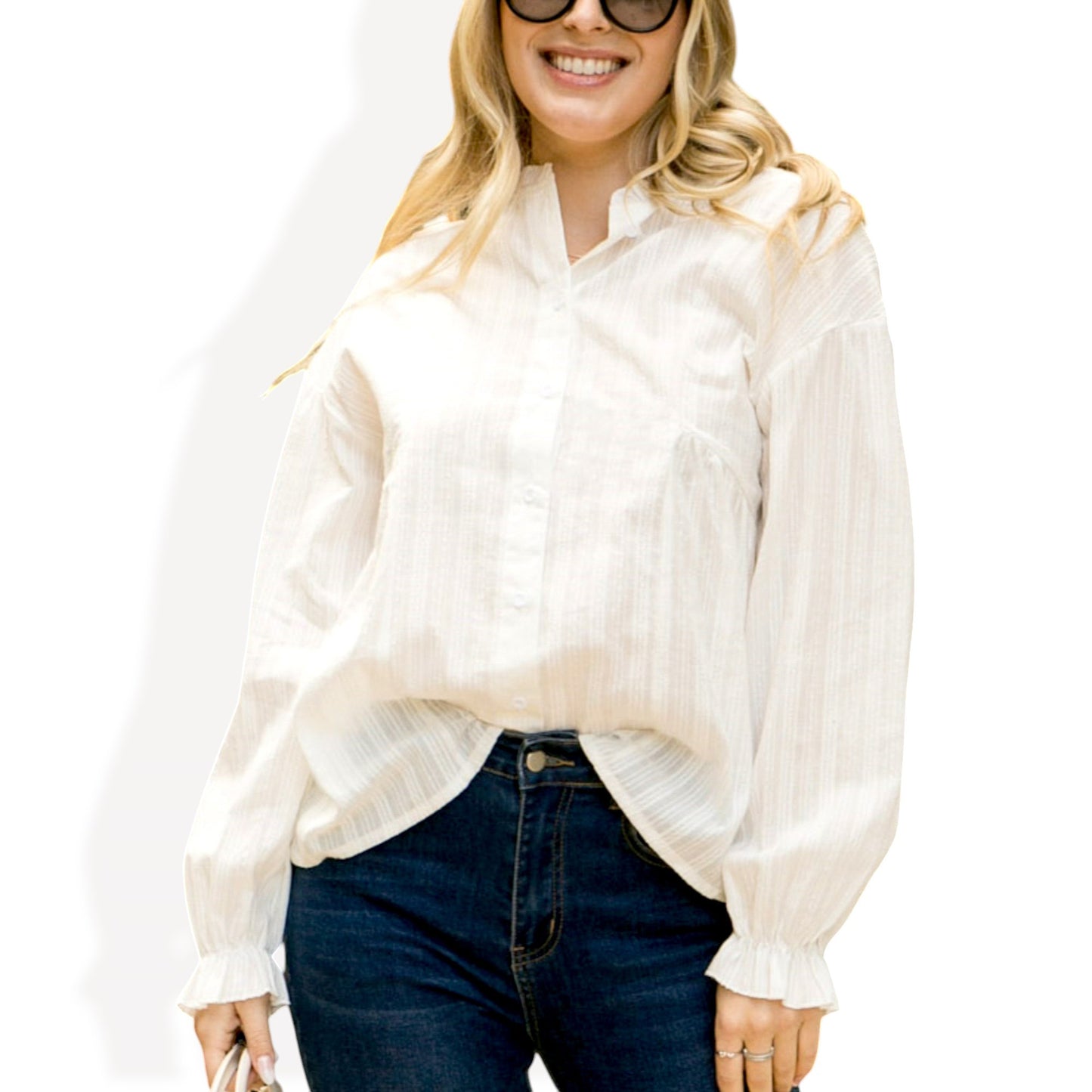 Anna-Kaci Women's Long Sleeve Button Down Blouse with Band Collar and Subtle Textured Stripe Design