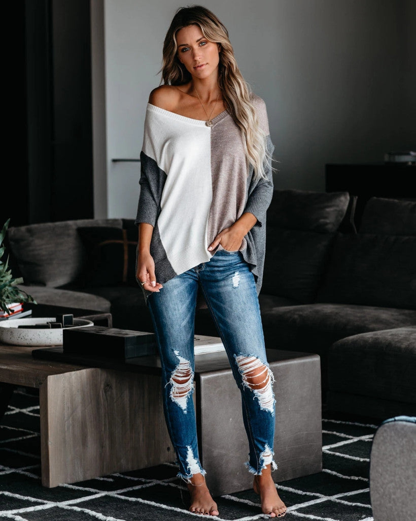 V-neck Patchwork Multicolor One Shoulder Sweater