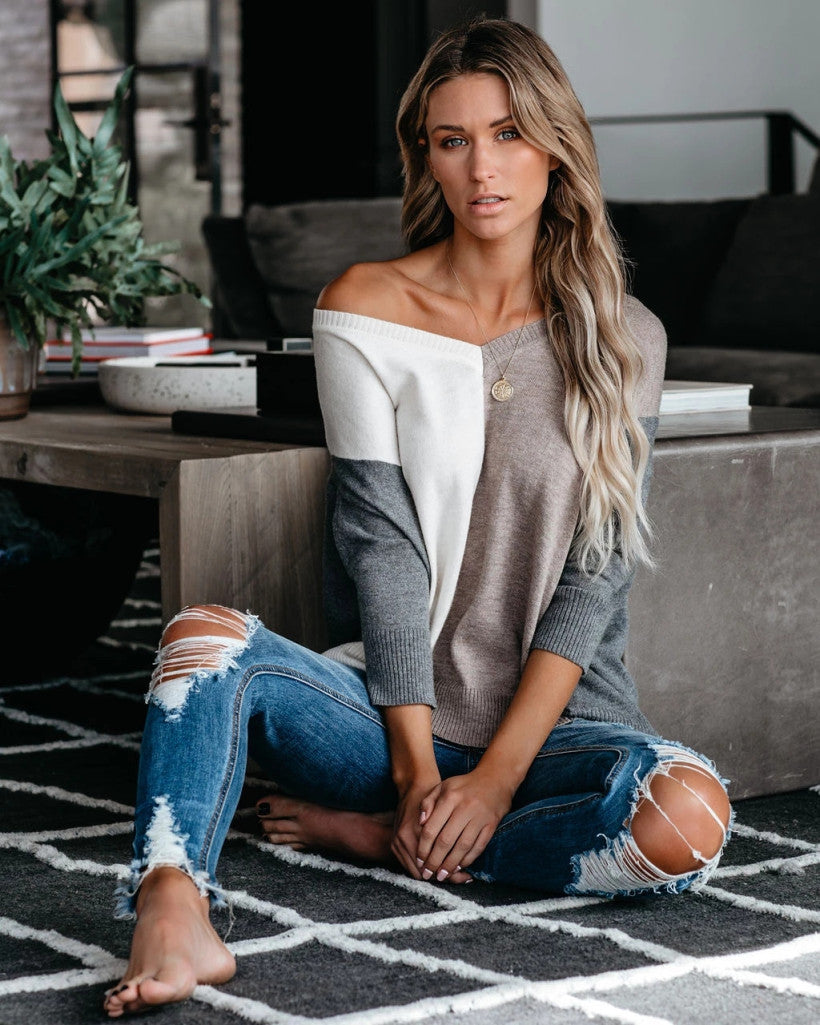 V-neck Patchwork Multicolor One Shoulder Sweater