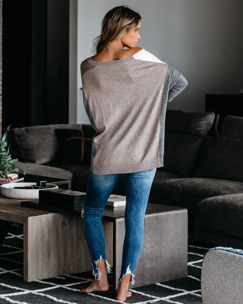 V-neck Patchwork Multicolor One Shoulder Sweater