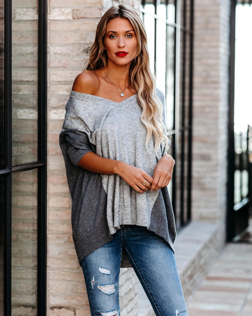 V-neck Patchwork Multicolor One Shoulder Sweater