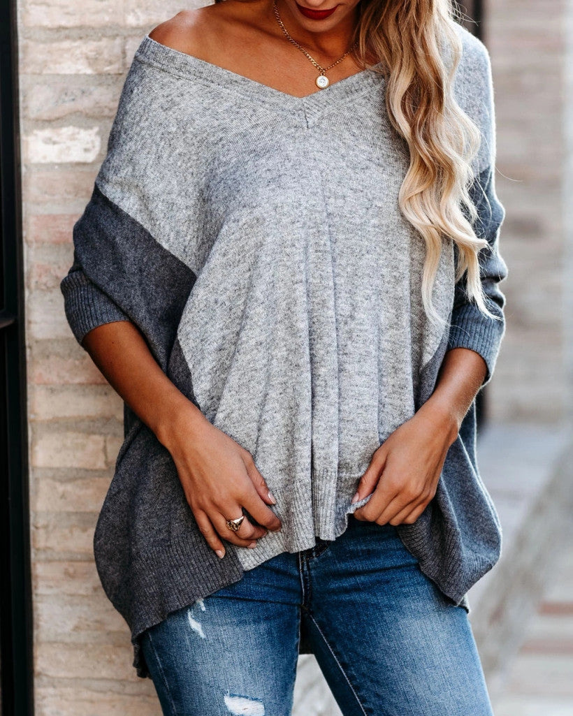 V-neck Patchwork Multicolor One Shoulder Sweater