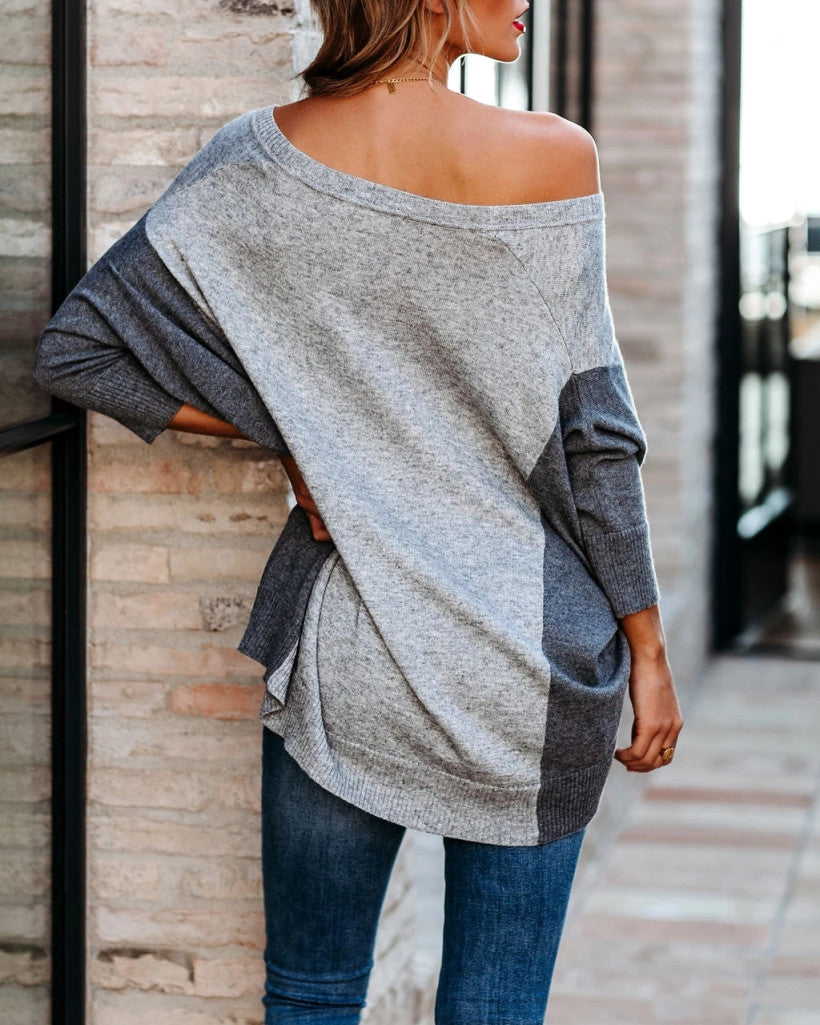 V-neck Patchwork Multicolor One Shoulder Sweater