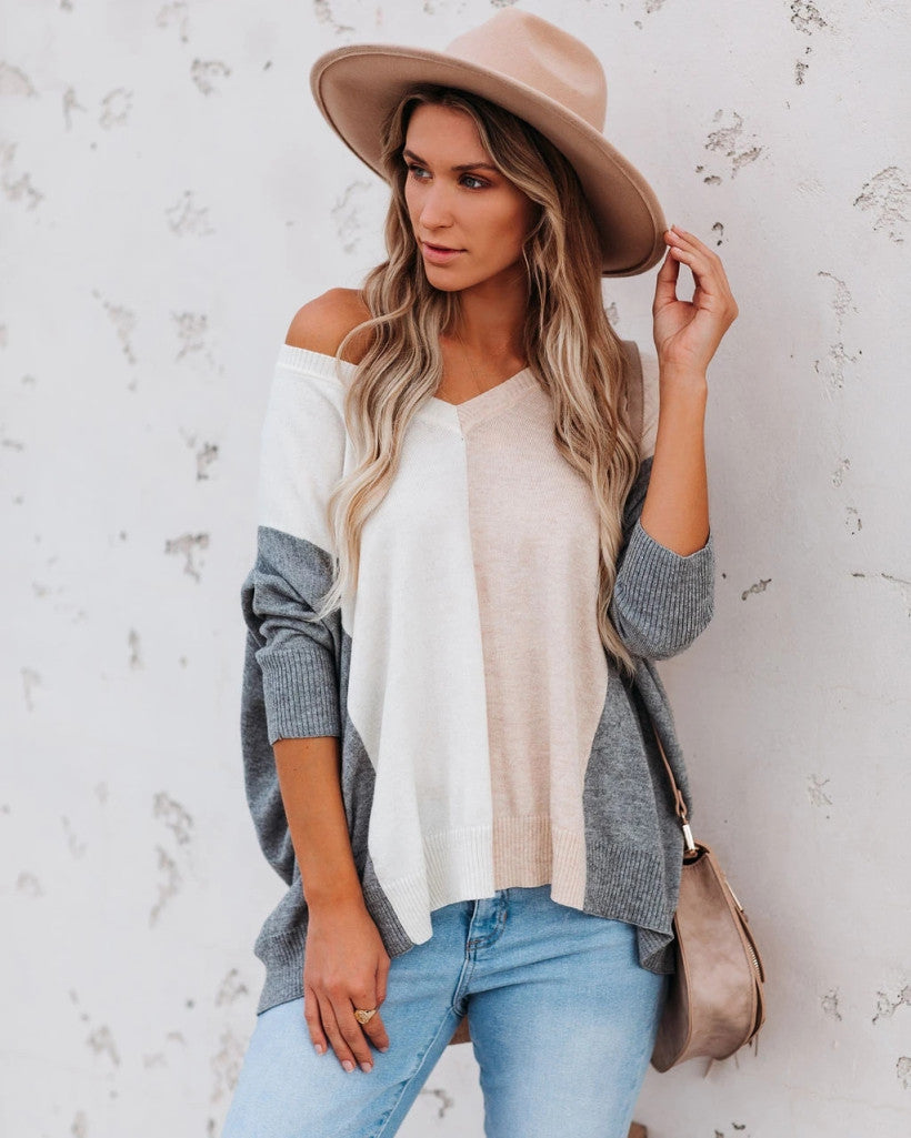 V-neck Patchwork Multicolor One Shoulder Sweater
