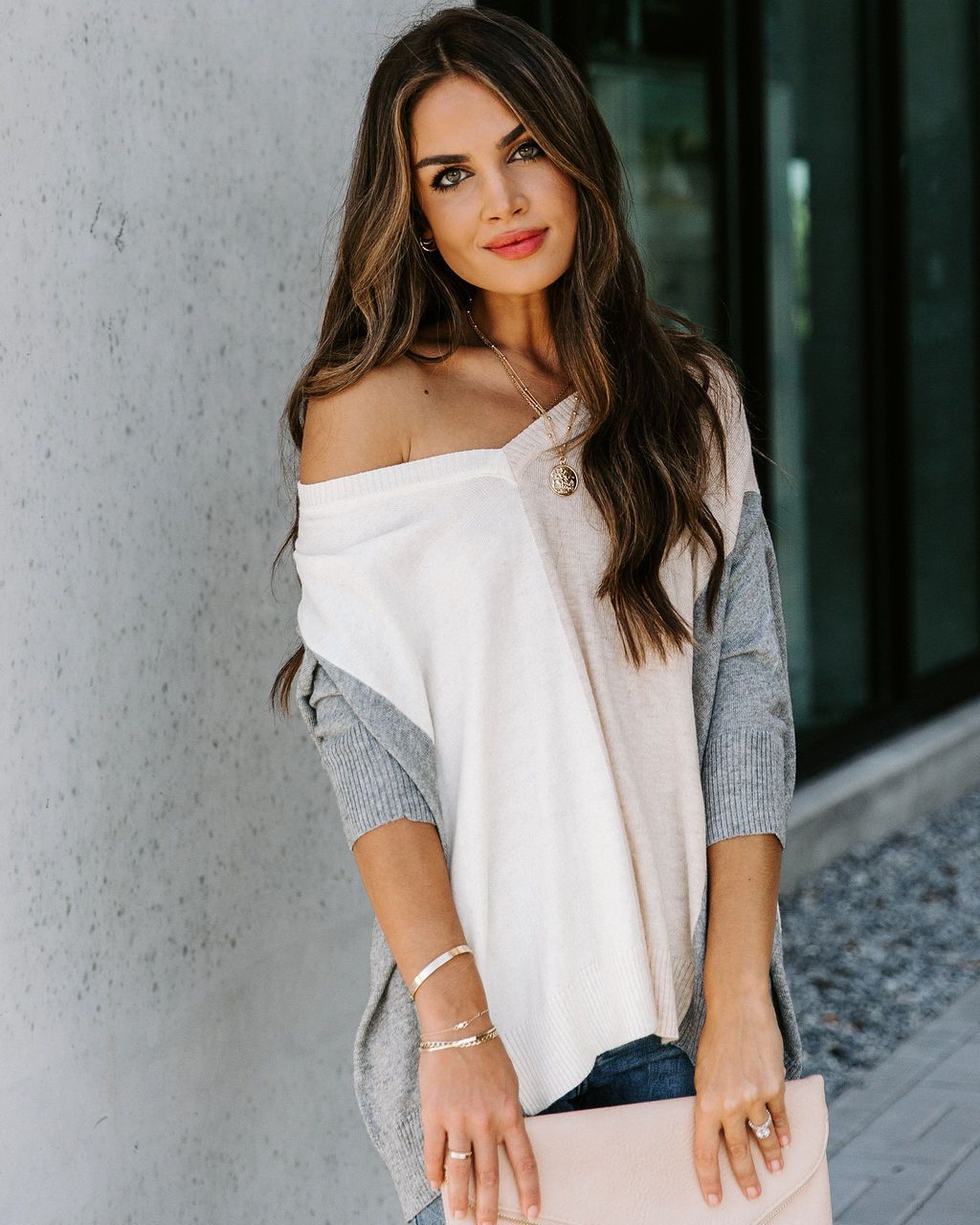 V-neck Patchwork Multicolor One Shoulder Sweater