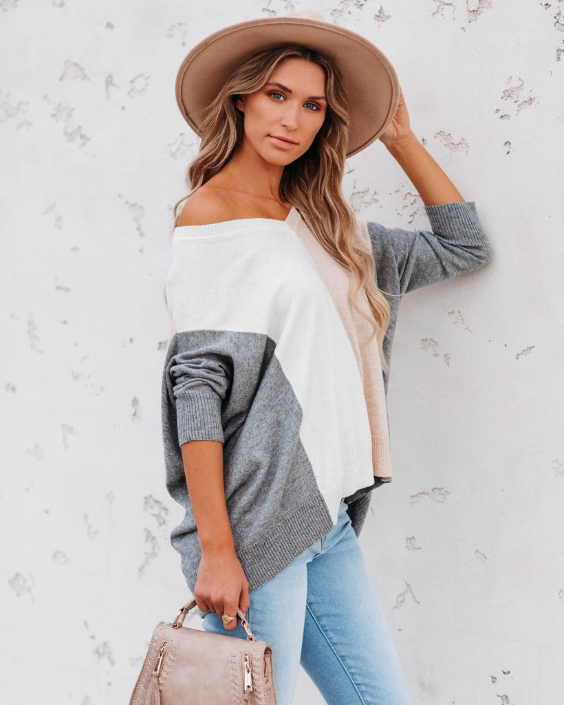 V-neck Patchwork Multicolor One Shoulder Sweater
