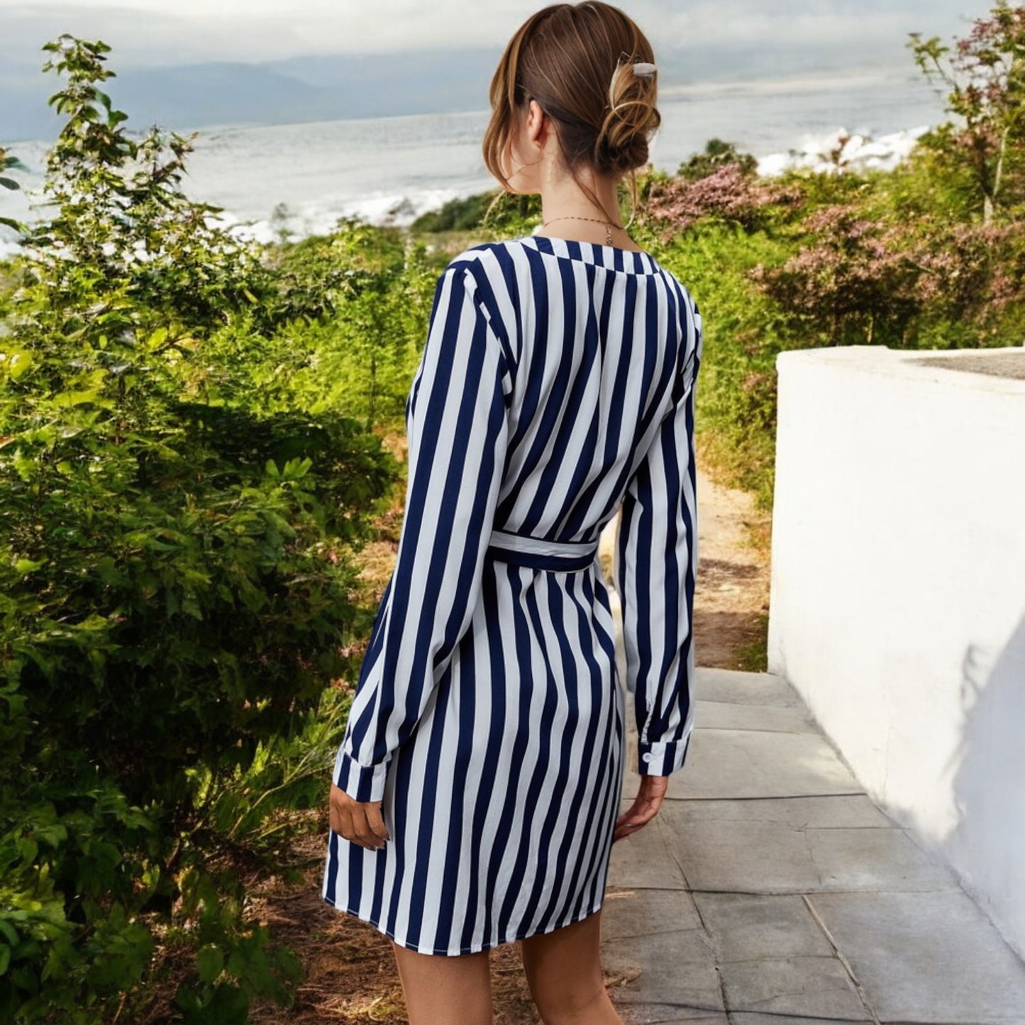 Anna-Kaci Women's Long Sleeve Striped Mini Dress with Tie Waist